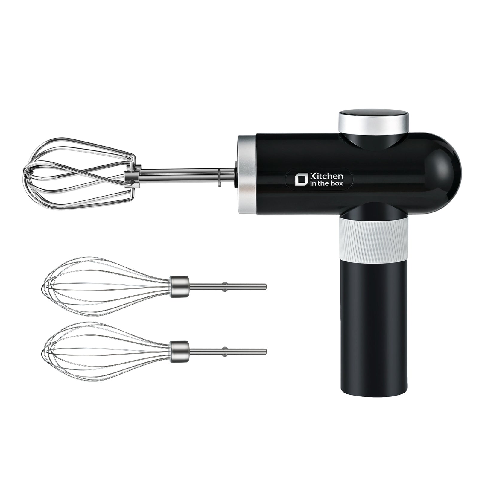 Black cordless hand held mixer, 6-speed with USB-C charging, includes whisks and beaters, knob adjust and digital display