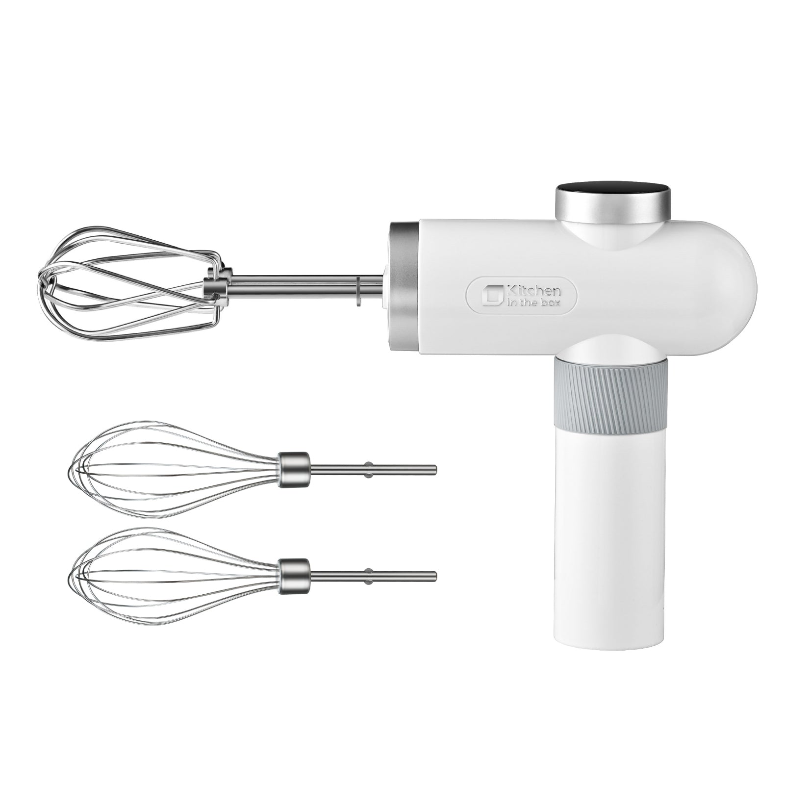 White cordless hand held mixer, 6-speed with USB-C charging, includes whisks and beaters, knob adjust and digital display