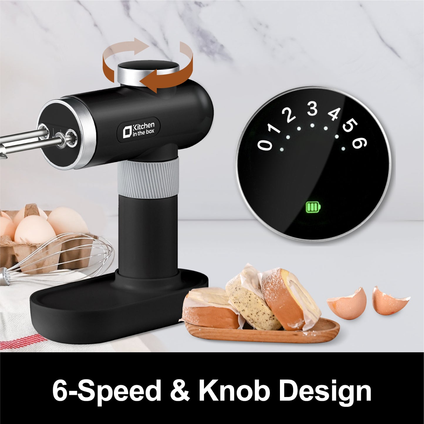 Cordless Hand Held Mixer, 6-Speed, USB-C Charging, Includes Whisks & Beaters, Knob Adjust & Digital Display, Refurbished