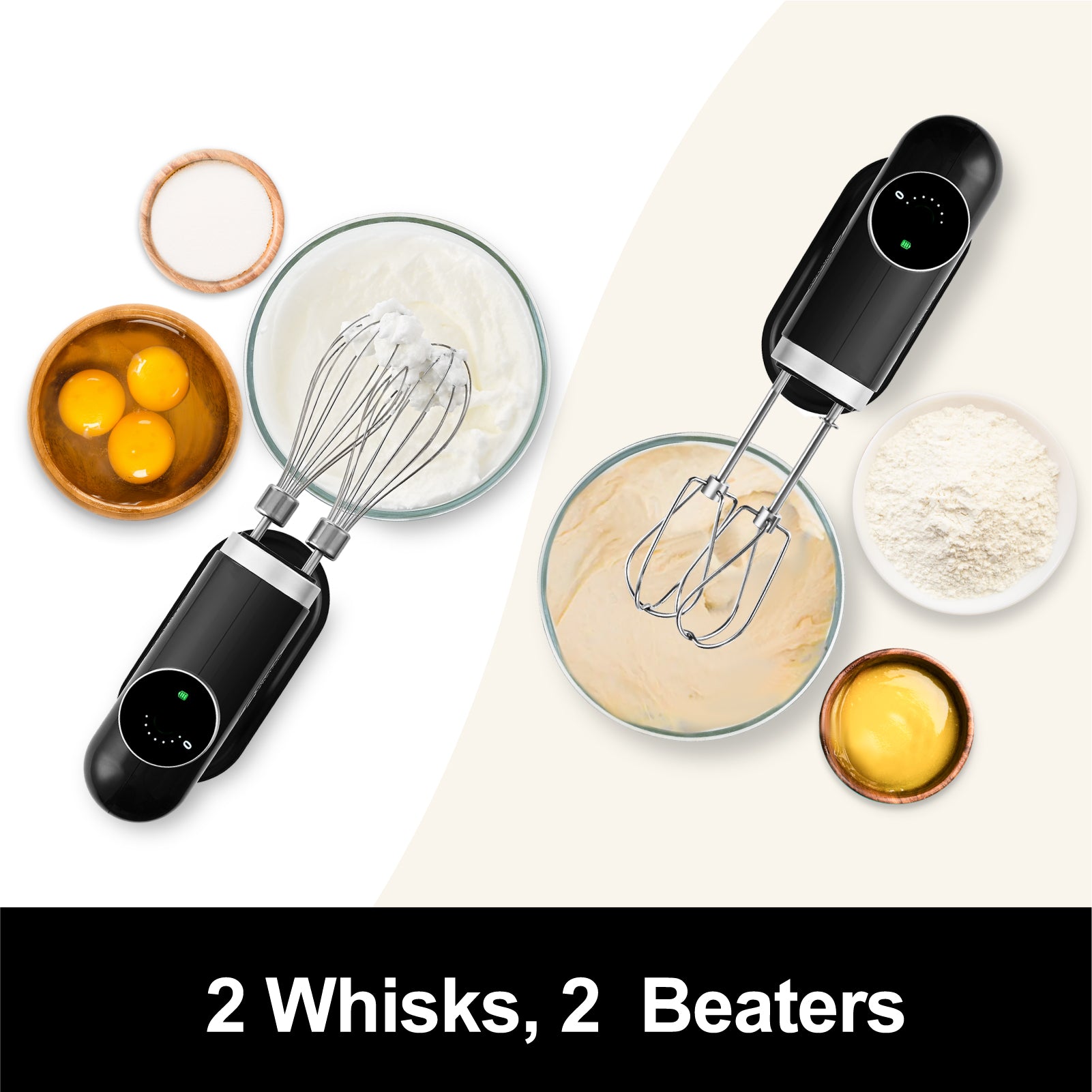 Electric Handheld Mixer with Whisks, Cordless, 6 Speeds, USB-C Charging, Knob Adjust, Digital Display