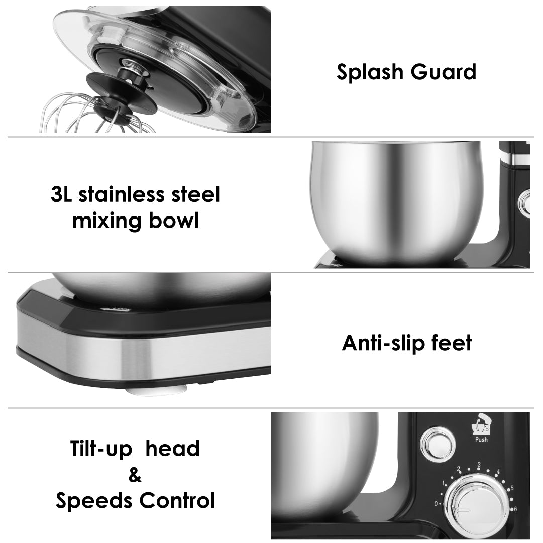 300W Tilt-Head Electric Stand Mixer, 3-in-1 Function, 6 Speeds, 3.2QT Stainless Steel Bowl