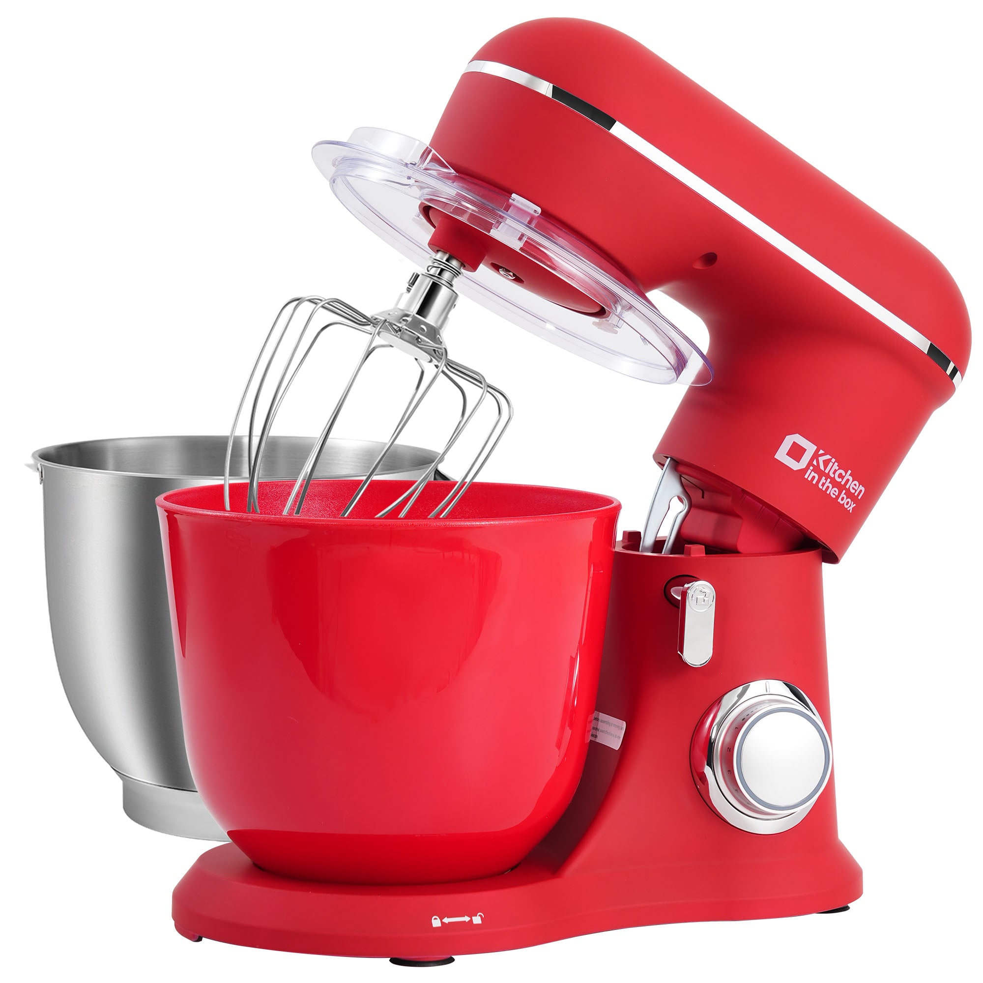 Matte red 10-speed tilt-head stand mixer with 4.5QT and 5QT matte bowls, includes egg whisk, dough hook, and flat beater