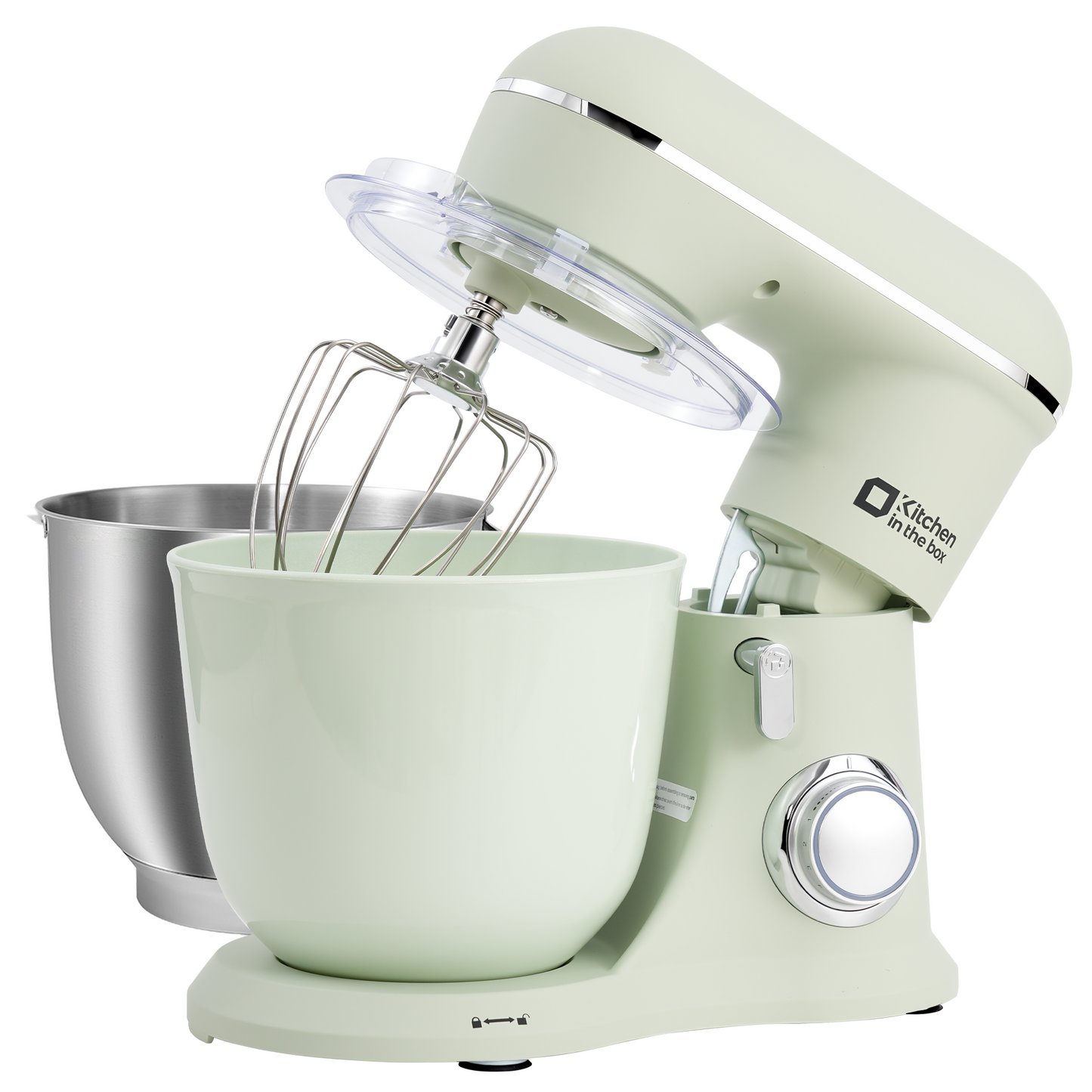Pastel green 10-speed tilt-head stand mixer with 4.5QT and 5QT matte bowls, includes egg whisk, dough hook, and flat beater