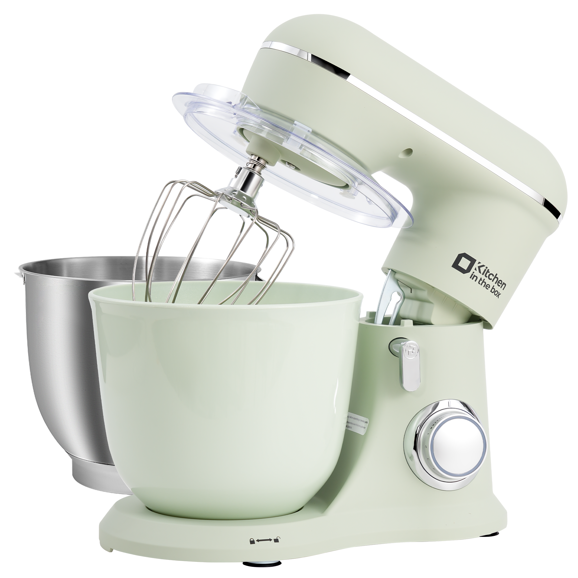 Pastel green 10-speed tilt-head stand mixer with 4.5QT and 5QT matte bowls, includes egg whisk, dough hook, and flat beater