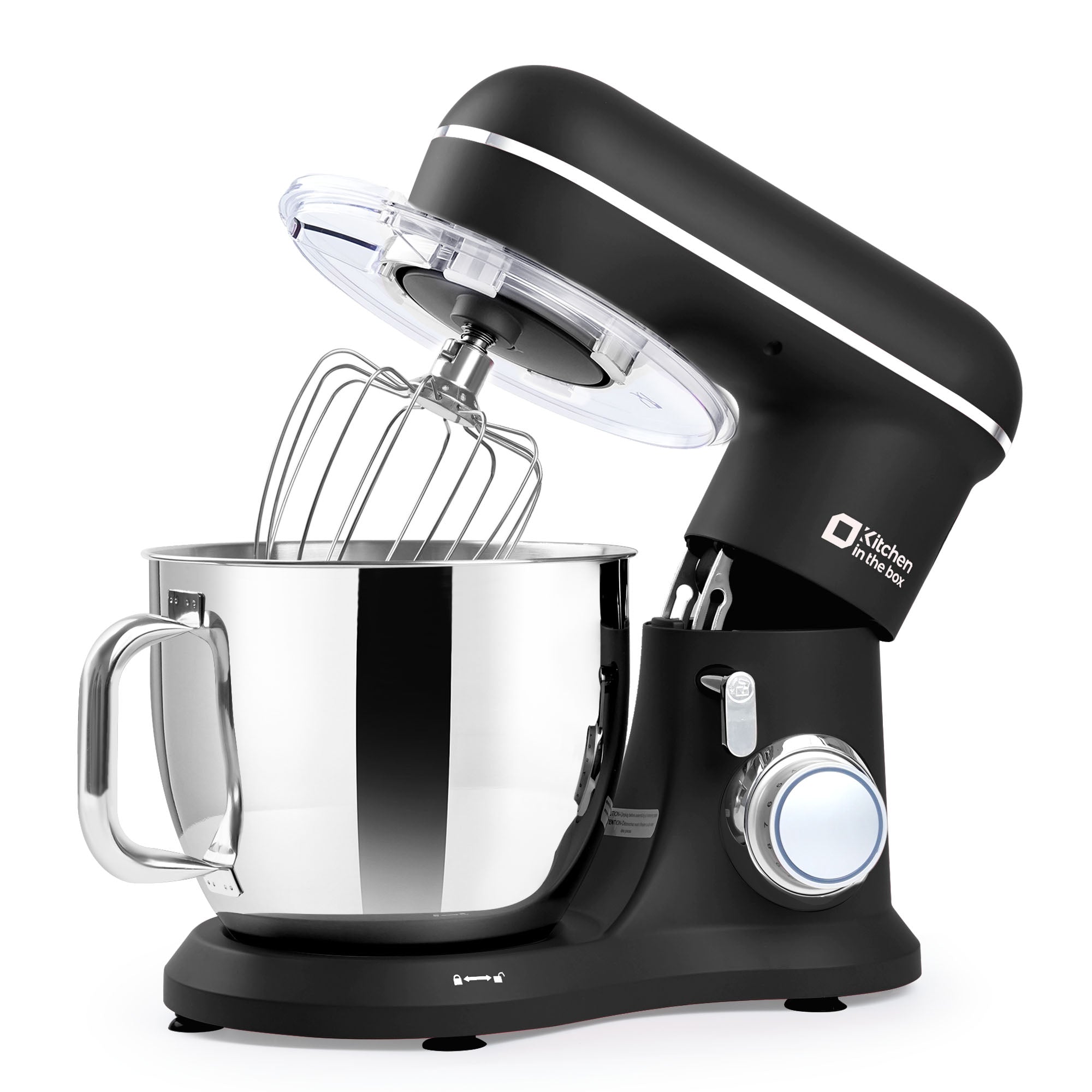 Black 7-quart electric stand mixer with 900W power and 10-speed tilt-head design, includes dough hook, whisk, and flat beater, ideal for baking