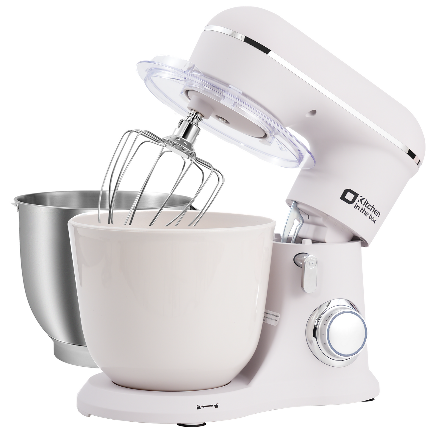 Frost white 10-speed tilt-head stand mixer with 4.5QT and 5QT matte bowls, includes egg whisk, dough hook, and flat beater