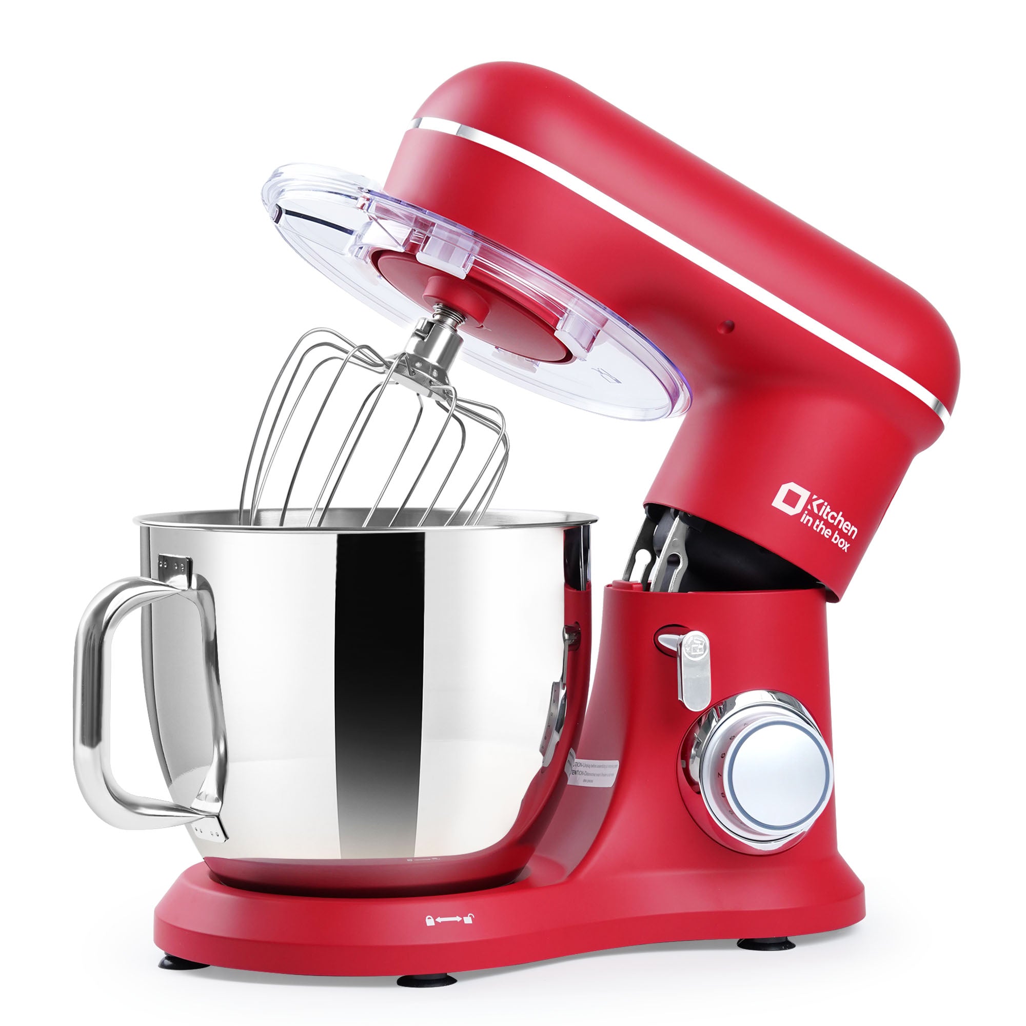 Red 7-quart electric stand mixer with 900W power and 10-speed tilt-head design, includes dough hook, whisk, and flat beater, ideal for baking