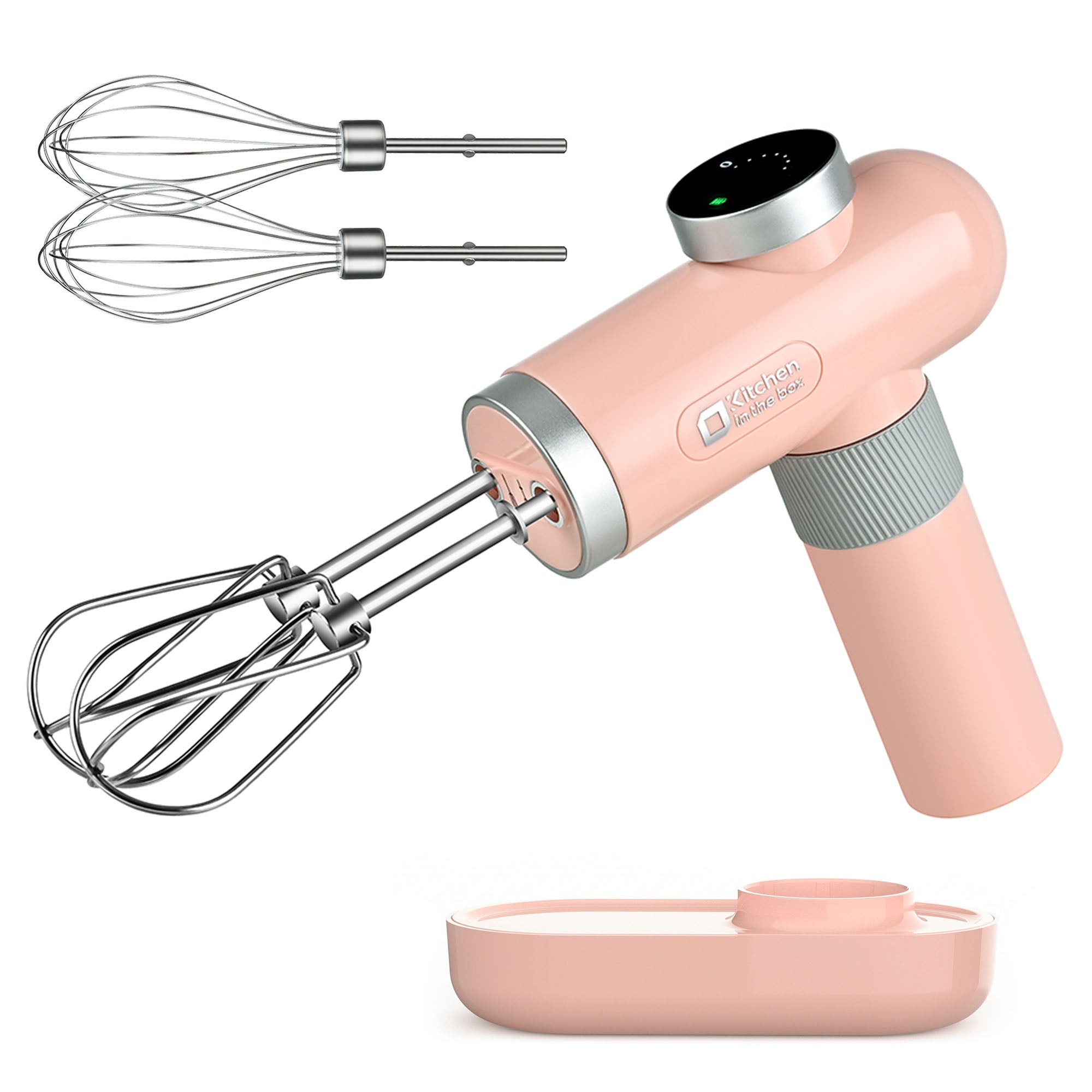 Pink cordless electric handheld mixer with 6-speed settings, USB-C charging, knob adjust, digital display, includes whisks