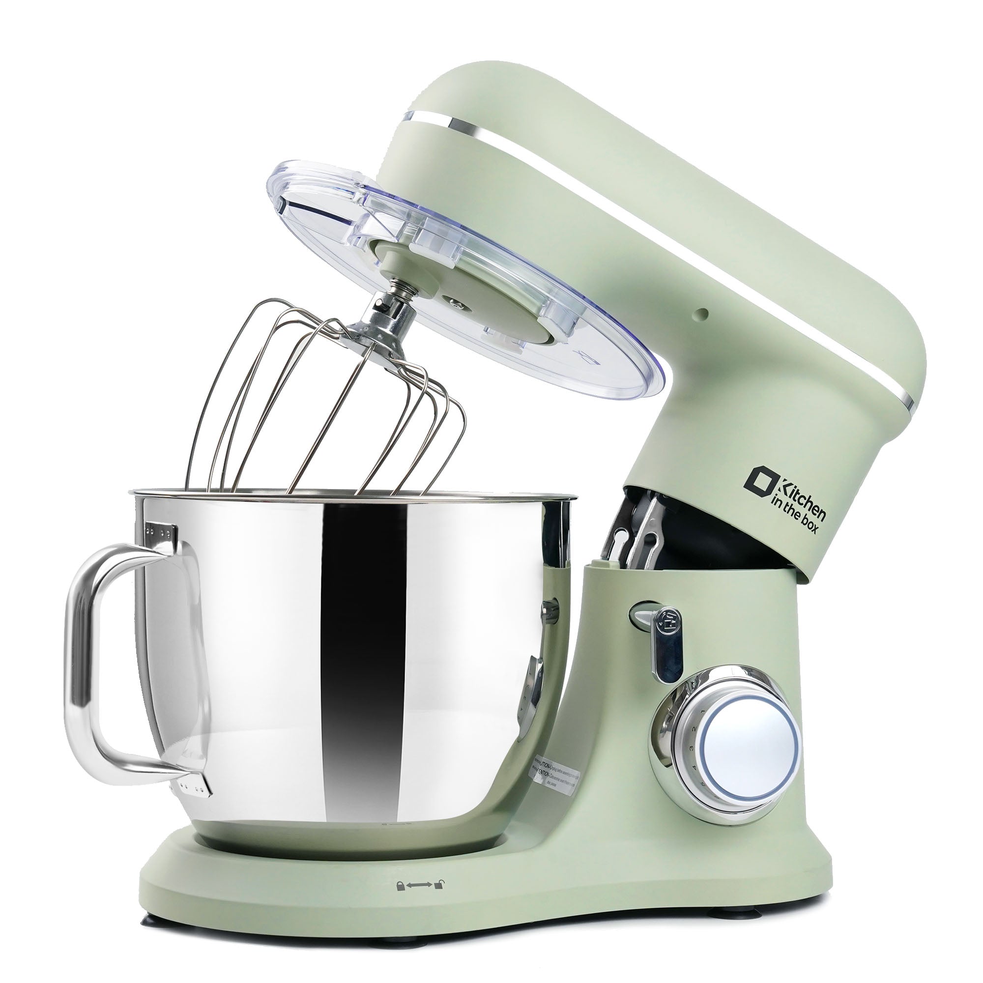 Green 7-quart electric stand mixer with 900W power and 10-speed tilt-head design, includes dough hook, whisk, and flat beater, ideal for baking