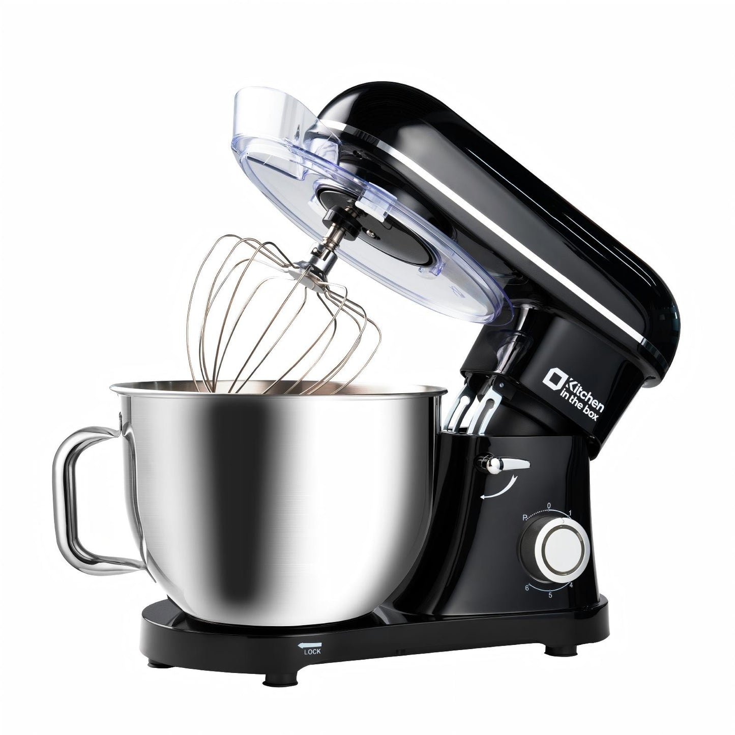 Black 8.5-quart electric stand mixer, 900W power, 6-speed, includes egg whisk, dough hook, and flat beater, KSM85