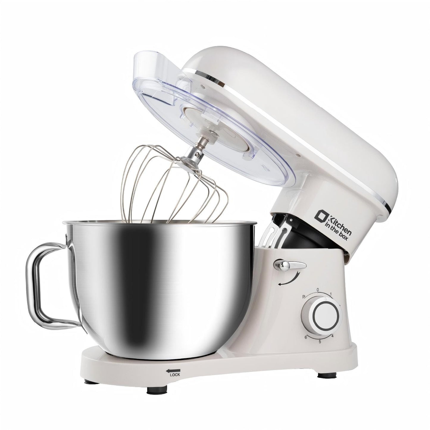 White 8.5-quart electric stand mixer, 900W power, 6-speed, includes egg whisk, dough hook, and flat beater, KSM85