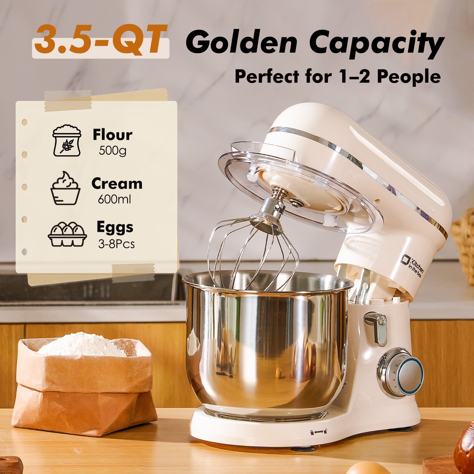 Kitchen in the Box Stand Mixer, 3.5 QT Small Kitchen Electric Stand Mixer, 10-Speed Beginner-Friendly Dough Mixer for Baking, Cake, with Dishwasher-Safe Dough Hook, Beater & Egg Whisk