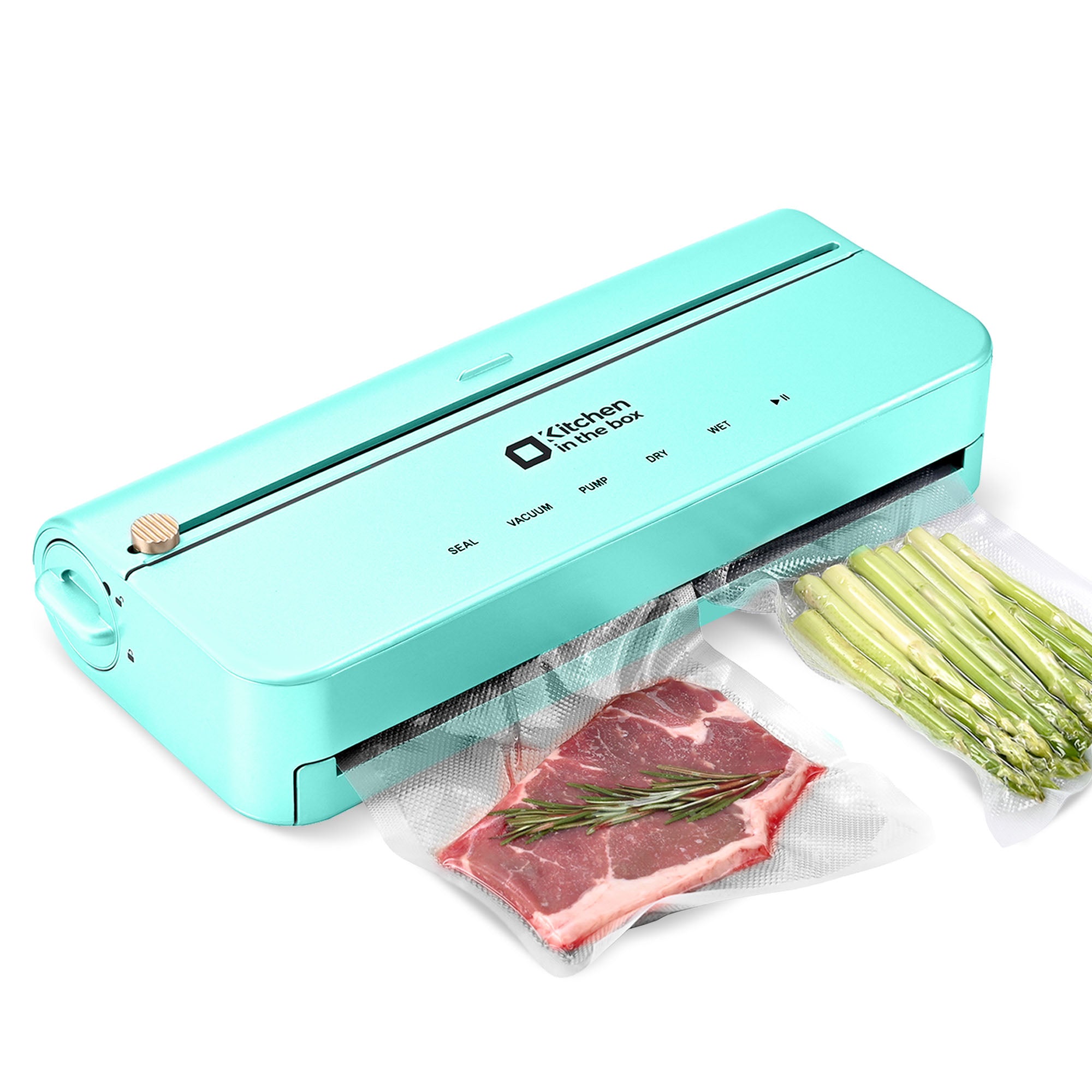 Blue smart vacuum sealer machine with bag and cutter, one-touch sealing, includes 5-meter bag rolls