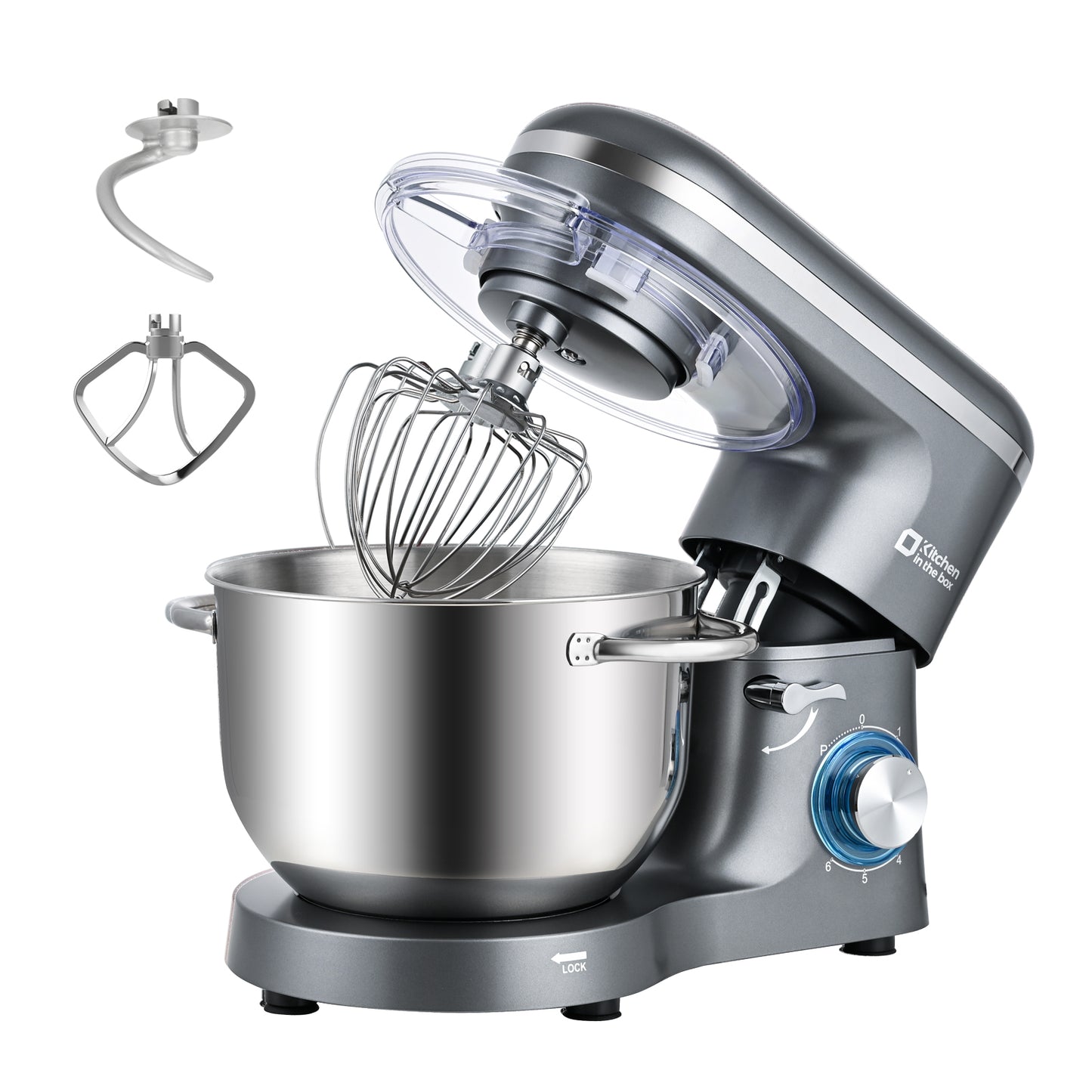 Gray tilt-head stand mixer, 6.5-quart electric kitchen mixer with stainless steel bowl, 660W power and 8-speed settings