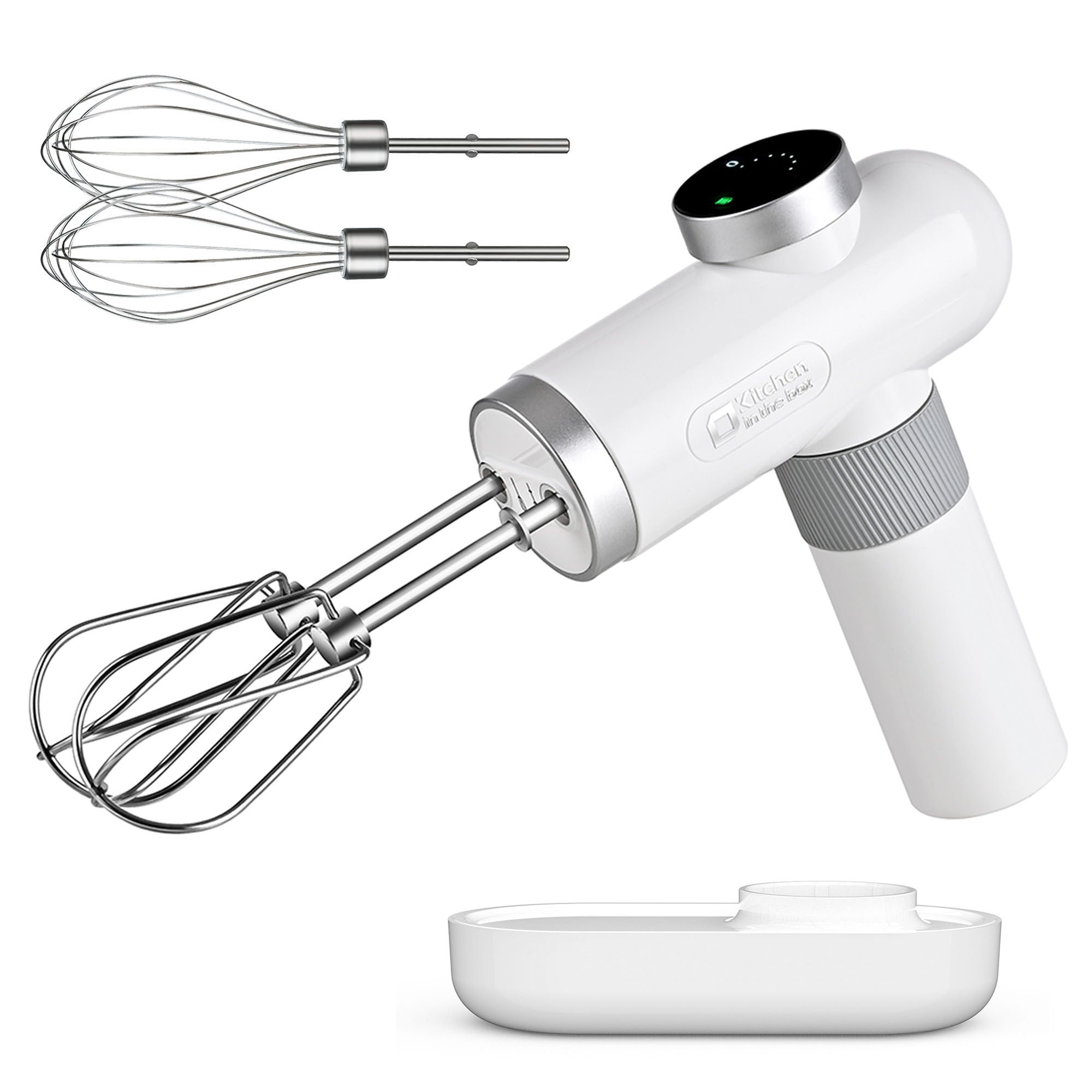 White cordless electric handheld mixer with 6-speed settings, USB-C charging, knob adjust, digital display, includes whisks