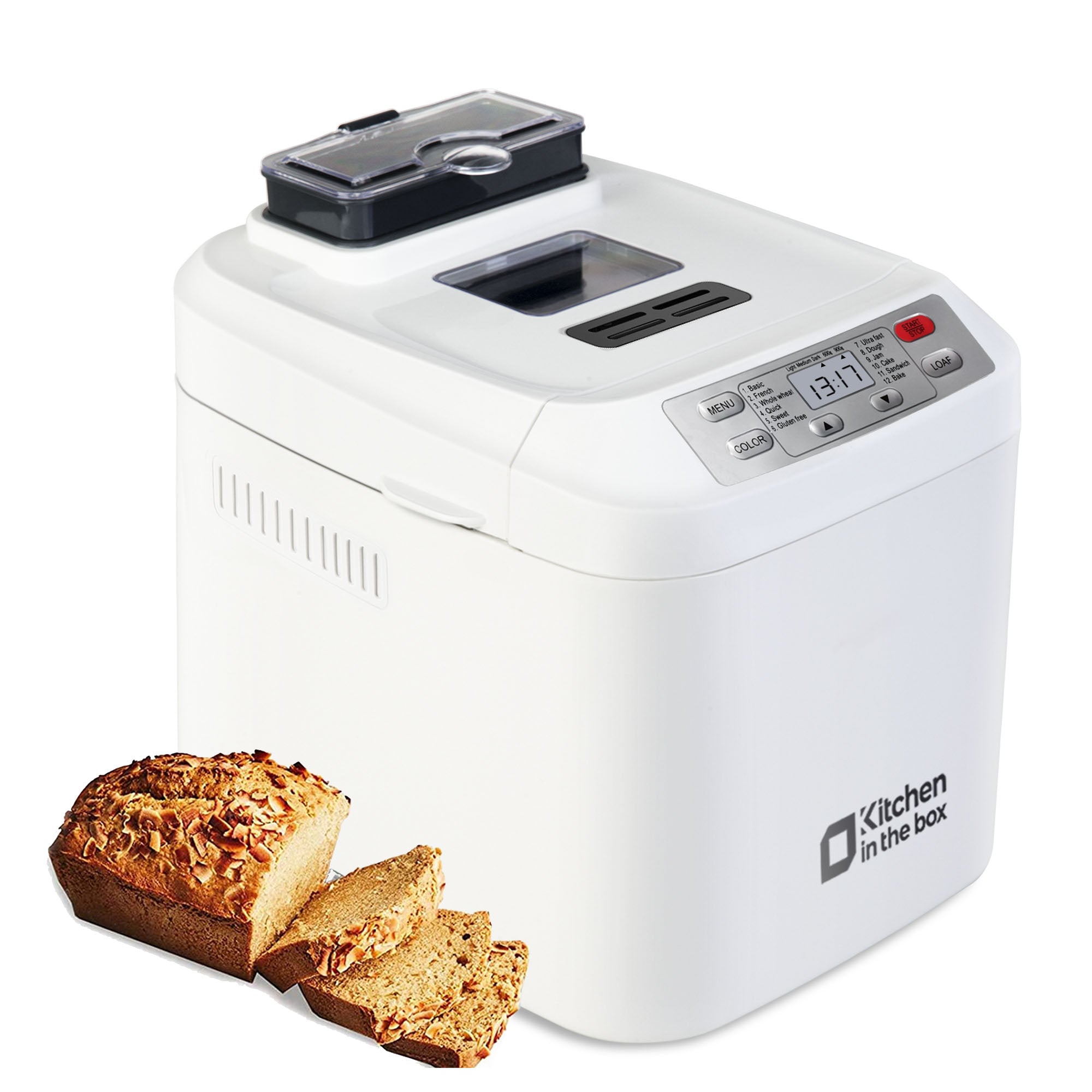 White bread maker machine with auto fruit and nut dispenser, 12 presets, 2 lb capacity, LCD display, 13-hour delay timer