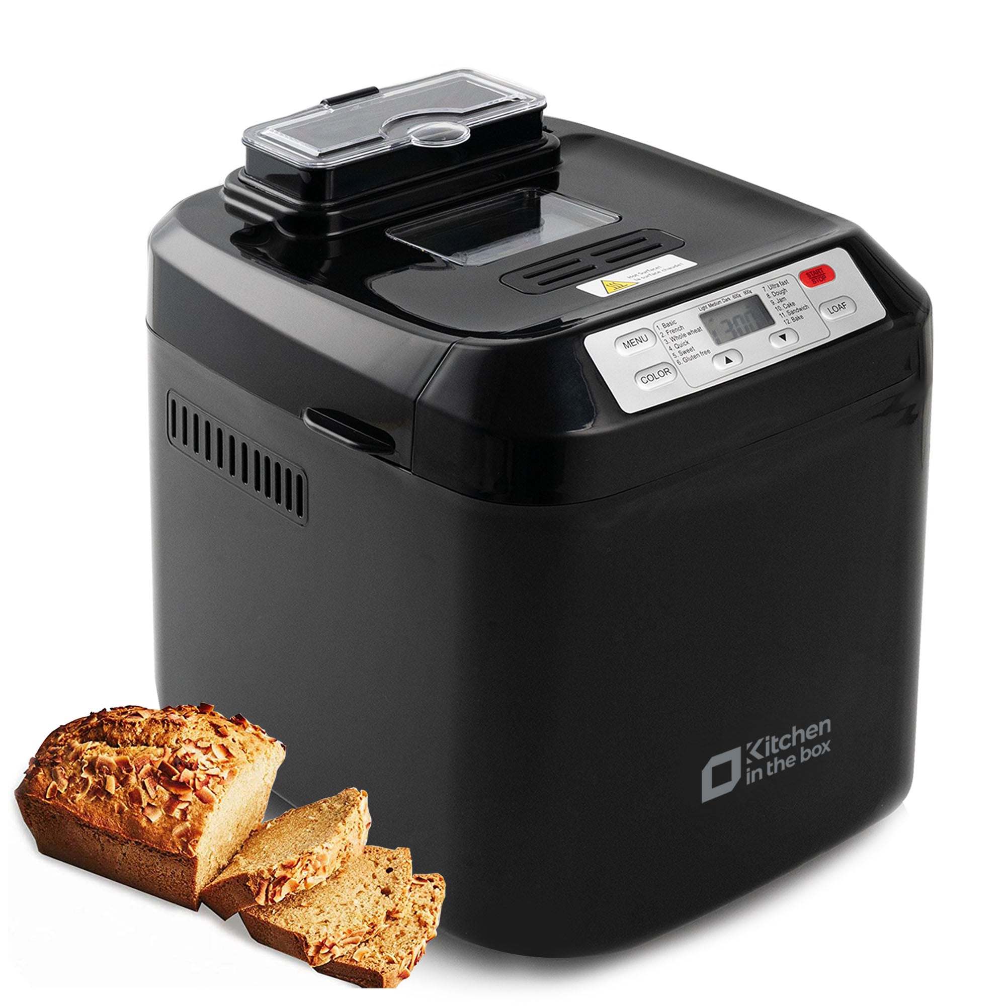 Black bread maker machine with auto fruit and nut dispenser, 12 presets, 2 lb capacity, LCD display, 13-hour delay timer