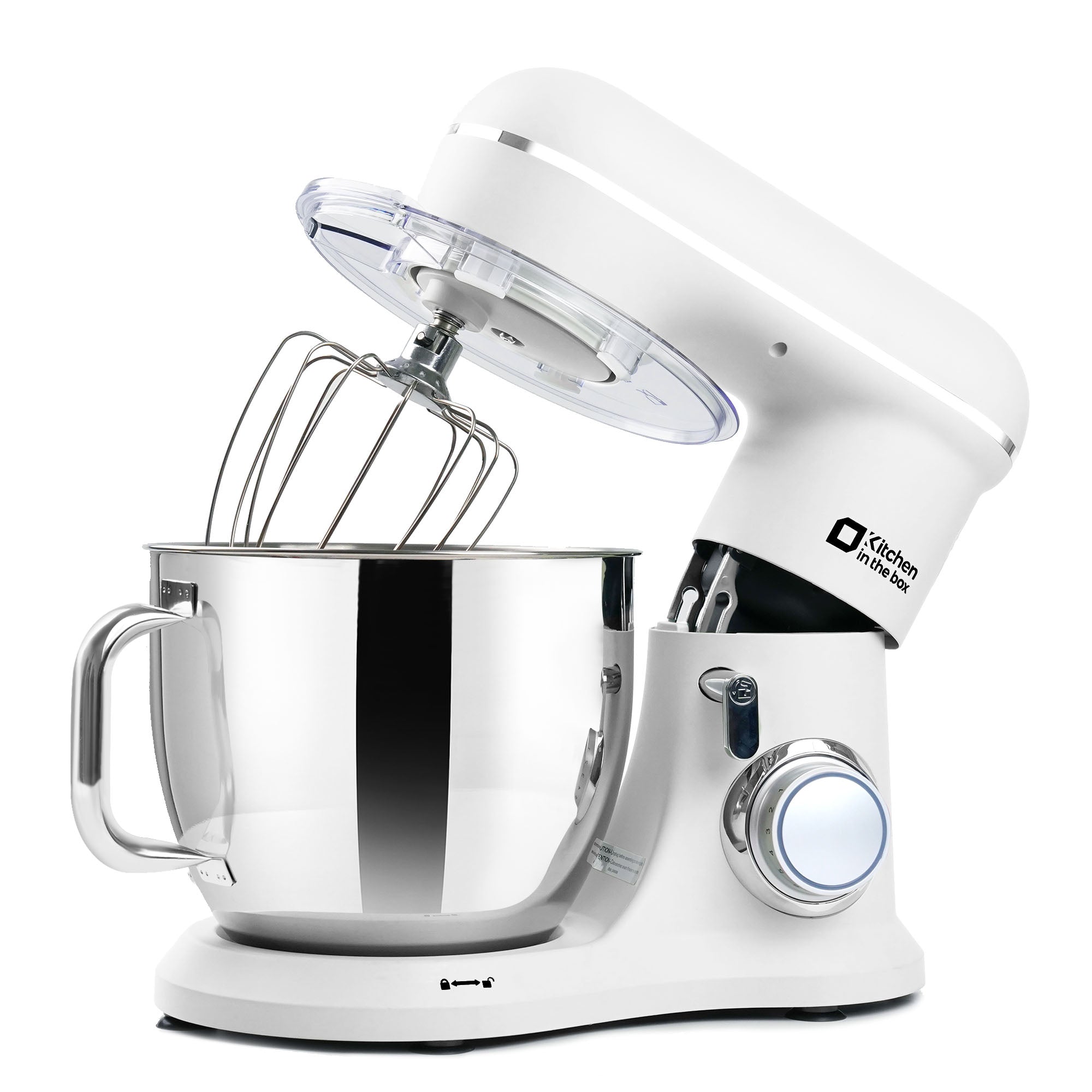 White 7-quart electric stand mixer with 900W power and 10-speed tilt-head design, includes dough hook, whisk, and flat beater, ideal for baking
