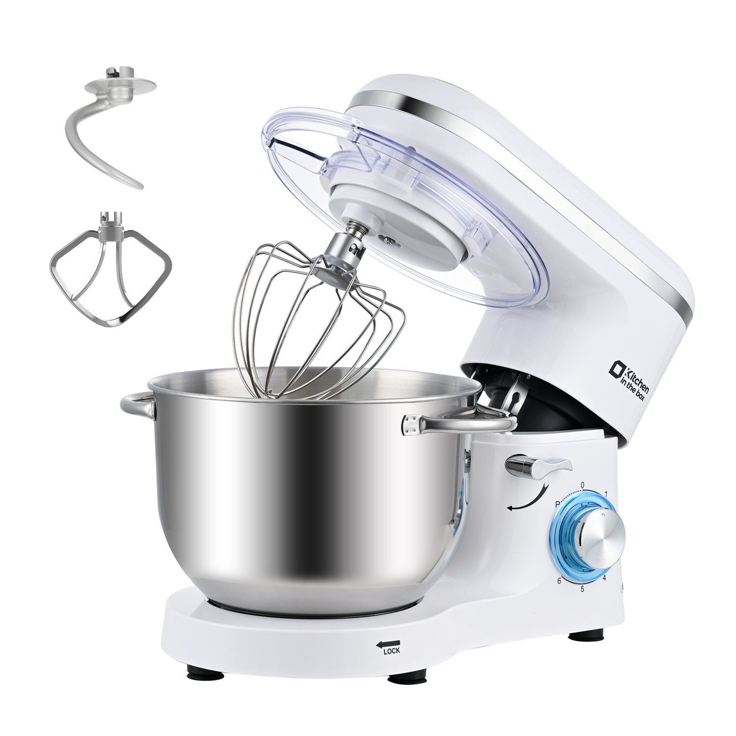 White tilt-head stand mixer, 6.5-quart electric kitchen mixer with stainless steel bowl, 660W power and 8-speed settings