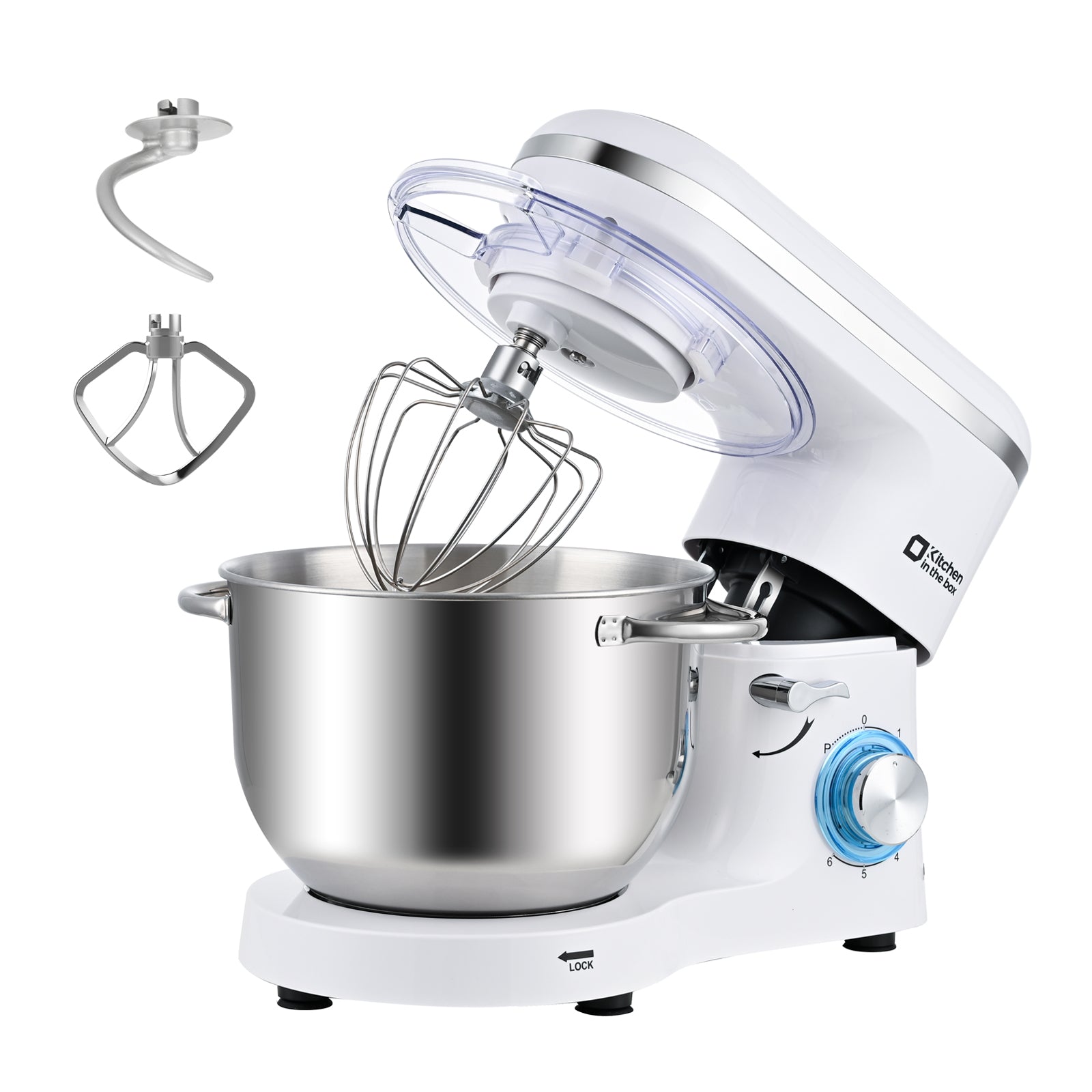 White tilt-head stand mixer, 6.5-quart electric kitchen mixer with stainless steel bowl, 660W power and 8-speed settings