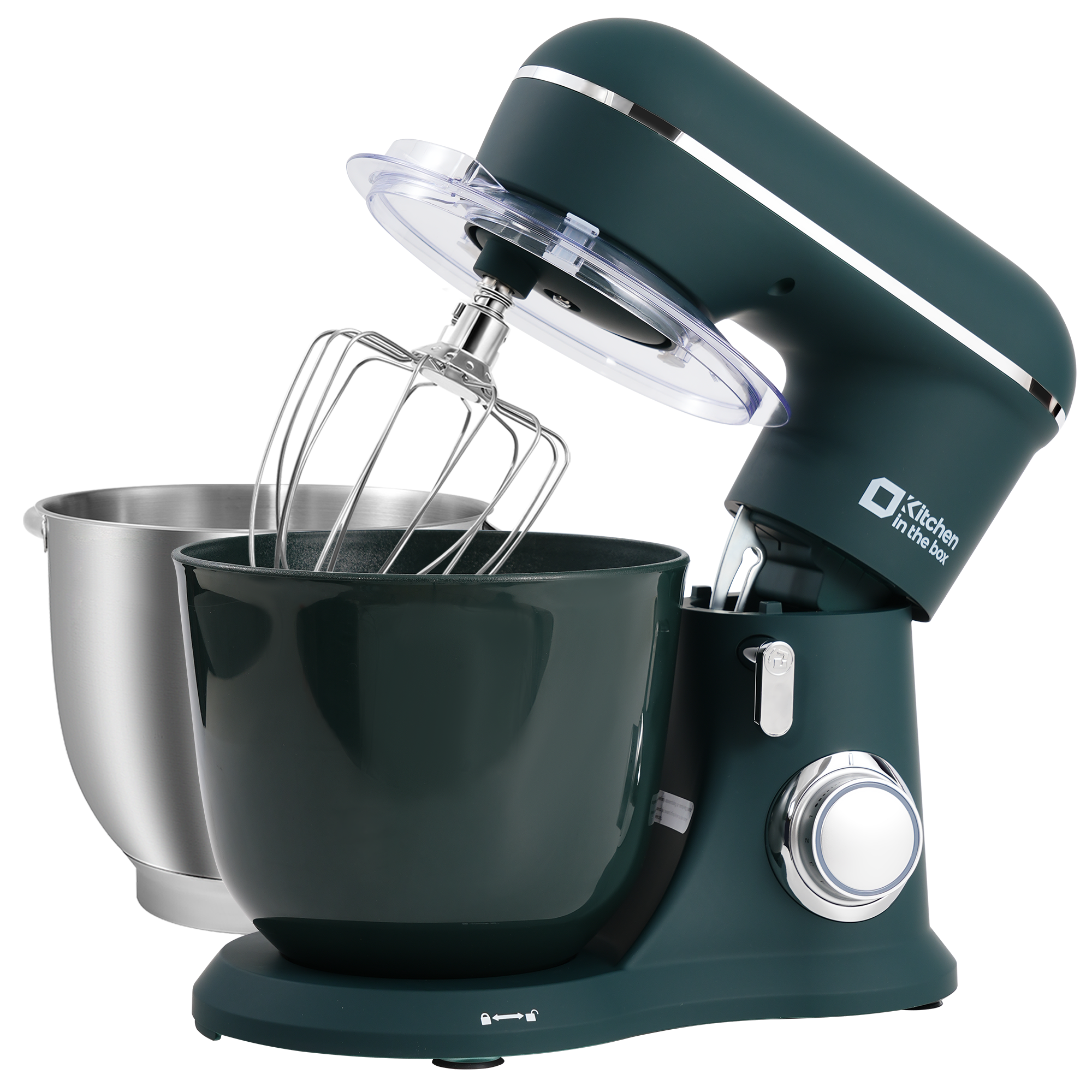 Turquoise green 10-speed tilt-head stand mixer with 4.5QT and 5QT matte bowls, includes egg whisk, dough hook, and flat beater