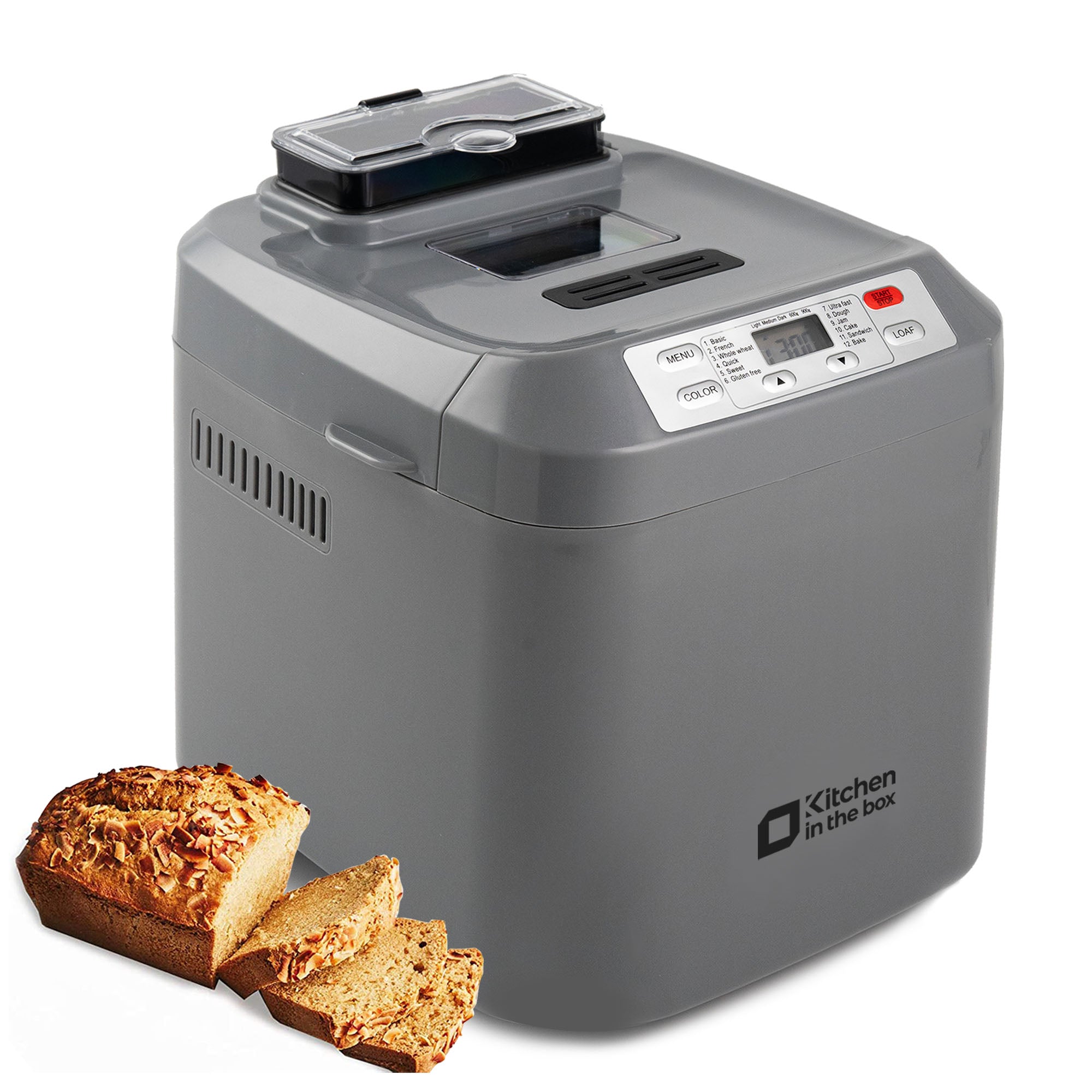 Gray bread maker machine with auto fruit and nut dispenser, 12 presets, 2 lb capacity, LCD display, 13-hour delay timer