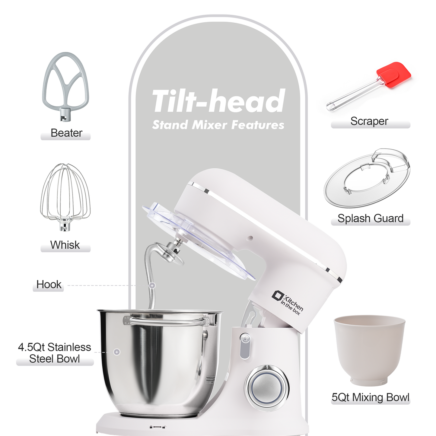 10 Speed Tilt-Head 4.5QT & 5QT Stand Mixer, Matte Food Mixer with Two Bowls, Egg Whisk, Dough Hook & Flat Beater for Daily Use