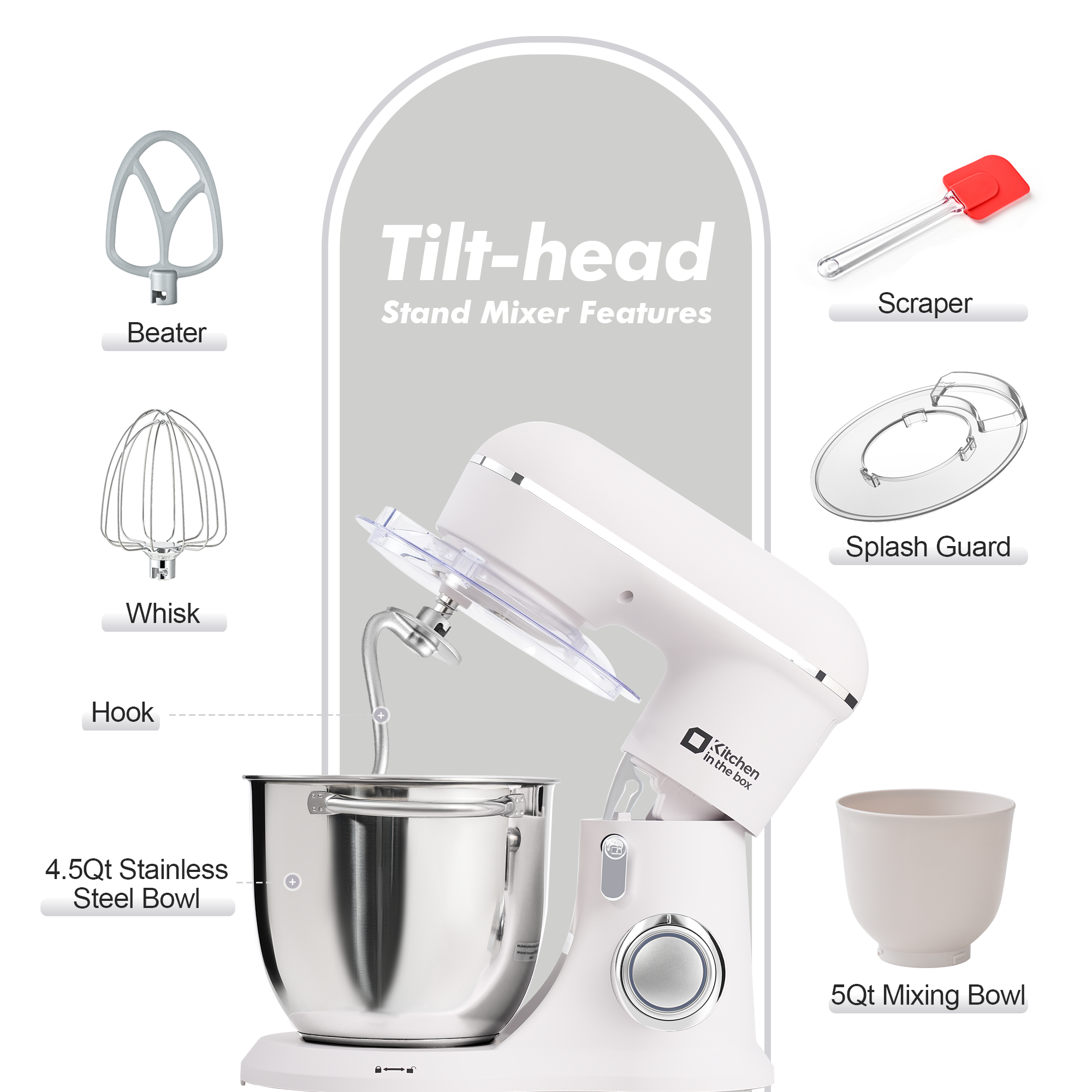 10 Speed Tilt-Head 4.5QT & 5QT Stand Mixer, Matte Food Mixer with Two Bowls, Egg Whisk, Dough Hook & Flat Beater for Daily Use