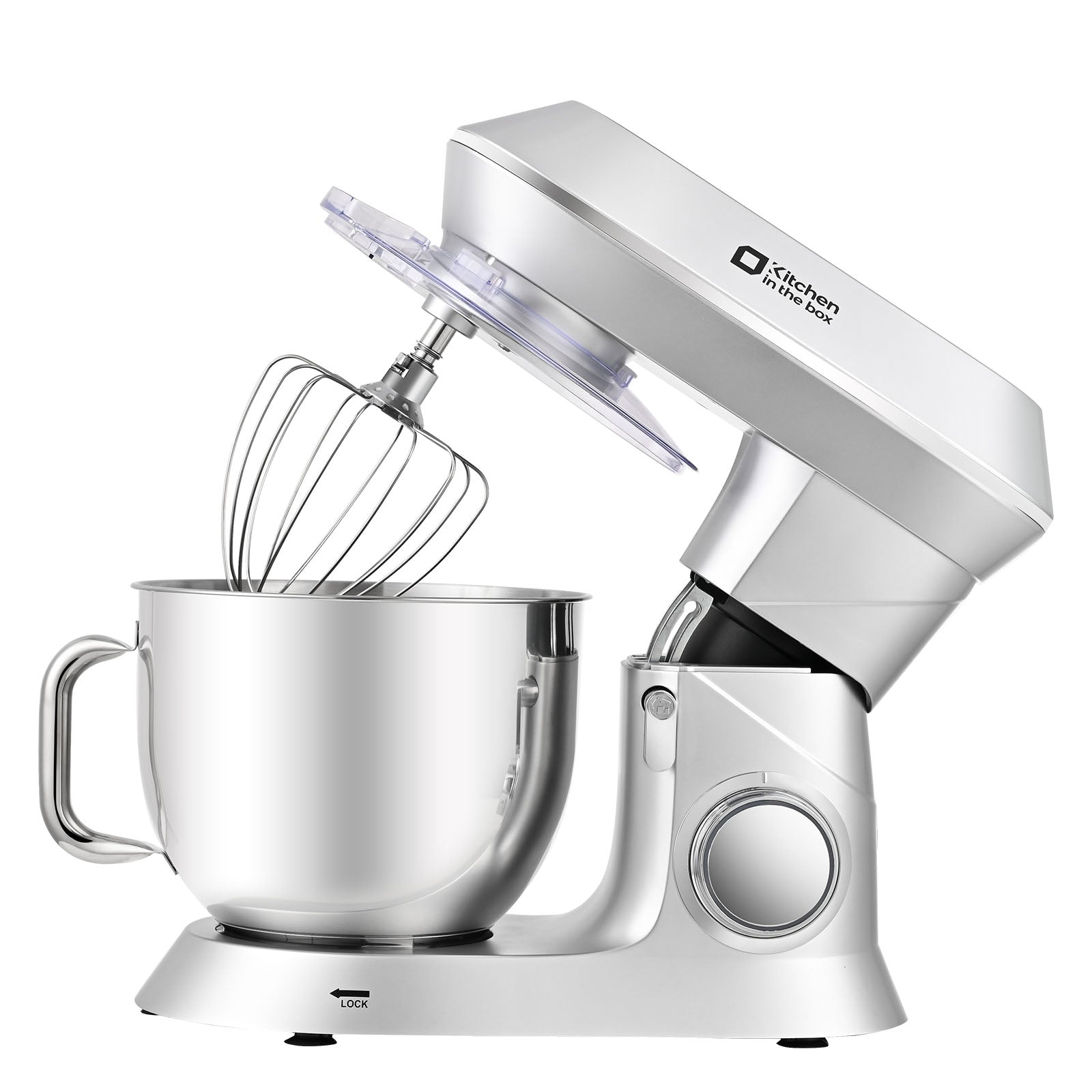 Silver 900W 7.5-quart kitchen electric mixer, 6-speed tilt-head food mixer for baking with dough hook, wire whip, and beater
