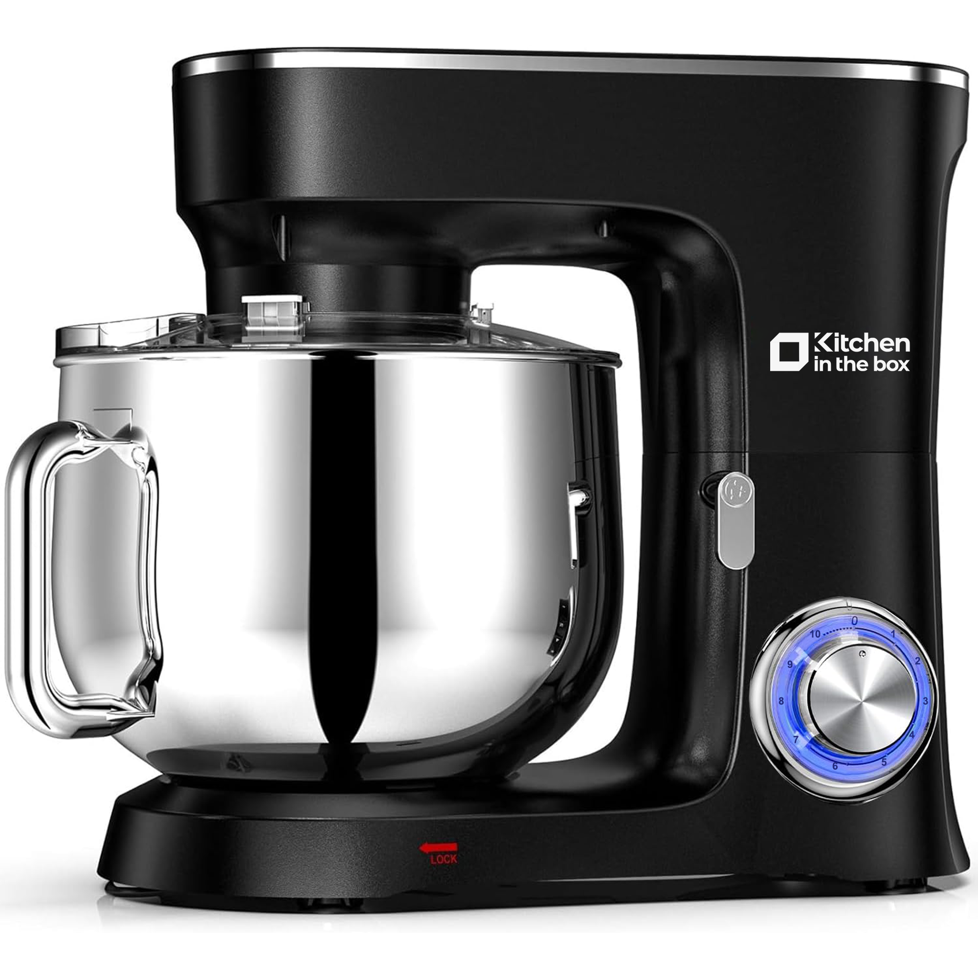 Black 900W 8.5-quart kitchen electric mixer, 10-speed tilt-head food mixer with dough hook, wire whip, flat beater, and splash guard