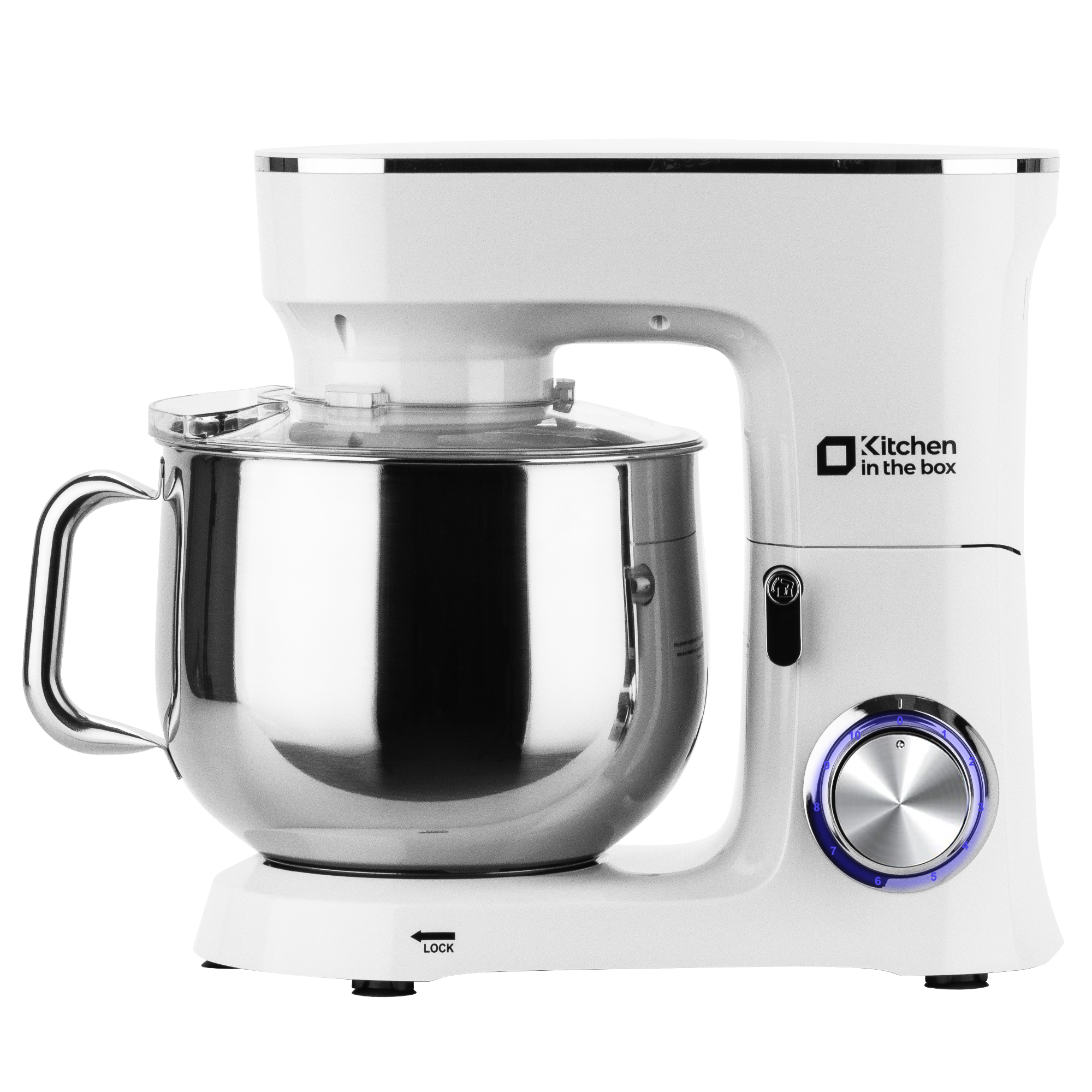 White 900W 8.5-quart kitchen electric mixer, 10-speed tilt-head food mixer with dough hook, wire whip, flat beater, and splash guard