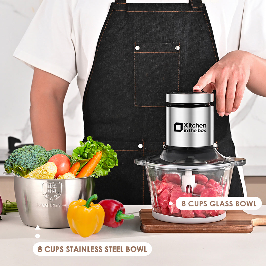 Electric Food Processor, 2-Bowl (8 Cup + 8 Cup) Design, 400W Small Food Chopper with Container, Meat Grinder, Black