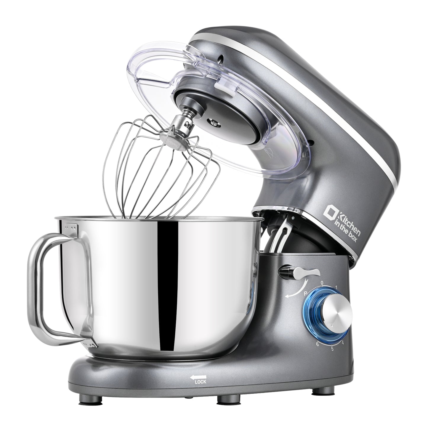 Silver 6.5-quart 660W electric kitchen mixer, 6-speed tilt-head food mixer with dough hook, wire whip, and beater, dishwasher safe