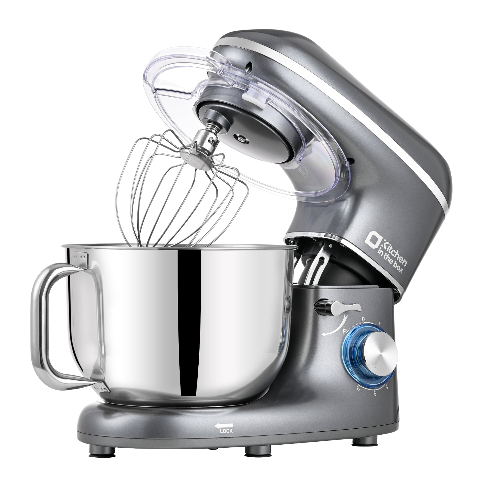 Silver 6.5-quart 660W electric kitchen mixer, 6-speed tilt-head food mixer with dough hook, wire whip, and beater, dishwasher safe