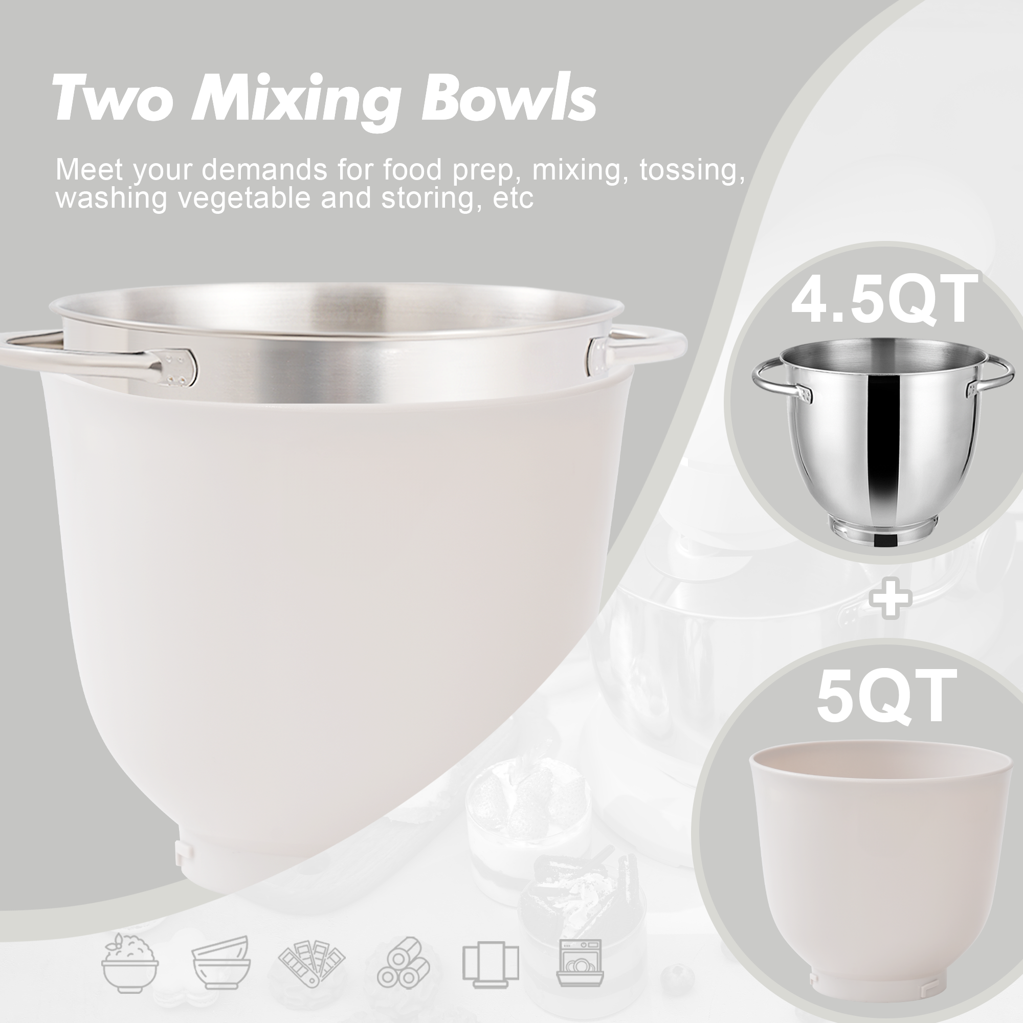 10 Speed Tilt-Head 4.5QT & 5QT Stand Mixer, Matte Food Mixer with Two Bowls, Egg Whisk, Dough Hook & Flat Beater for Daily Use