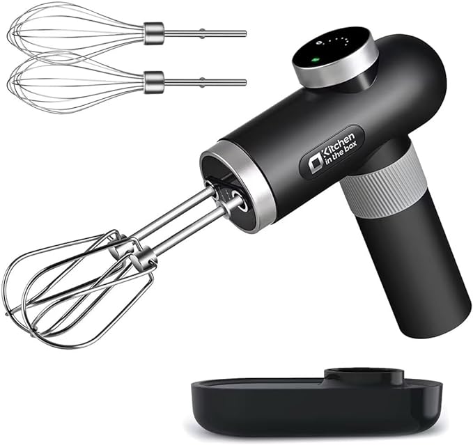 Black cordless electric handheld mixer with 6-speed settings, USB-C charging, knob adjust, digital display, includes whisks