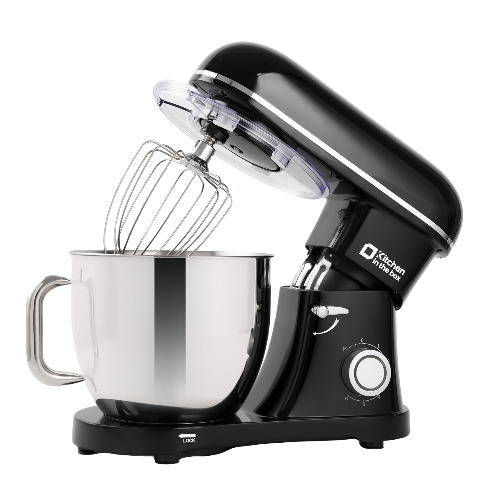 Black 6.5-quart tilt-head electric mixer with 900W power and 6-speed settings, includes egg whisk, dough hook, and flat beater, ideal for baking