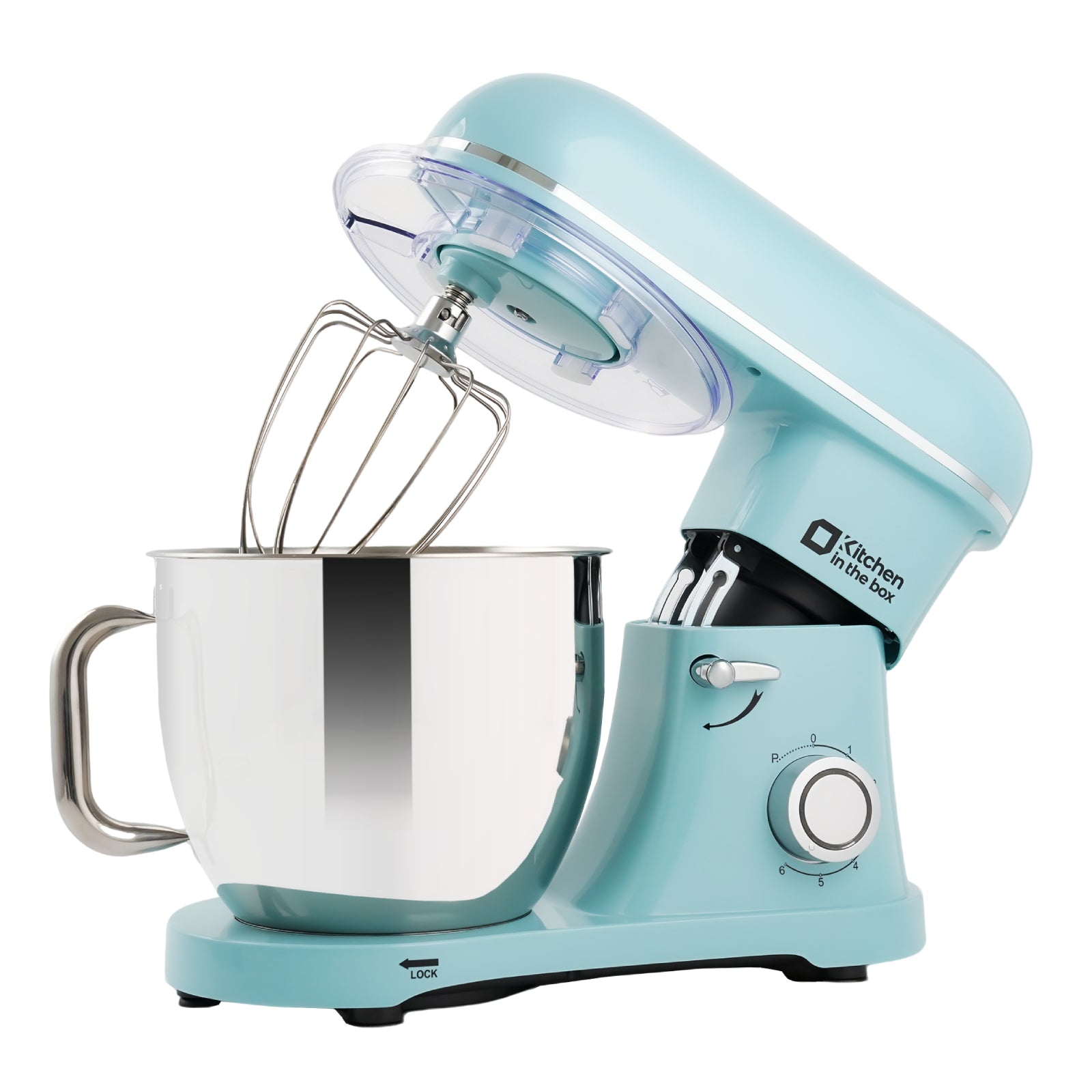 Blue 6.5-quart tilt-head electric mixer with 900W power and 6-speed settings, includes egg whisk, dough hook, and flat beater, ideal for baking
