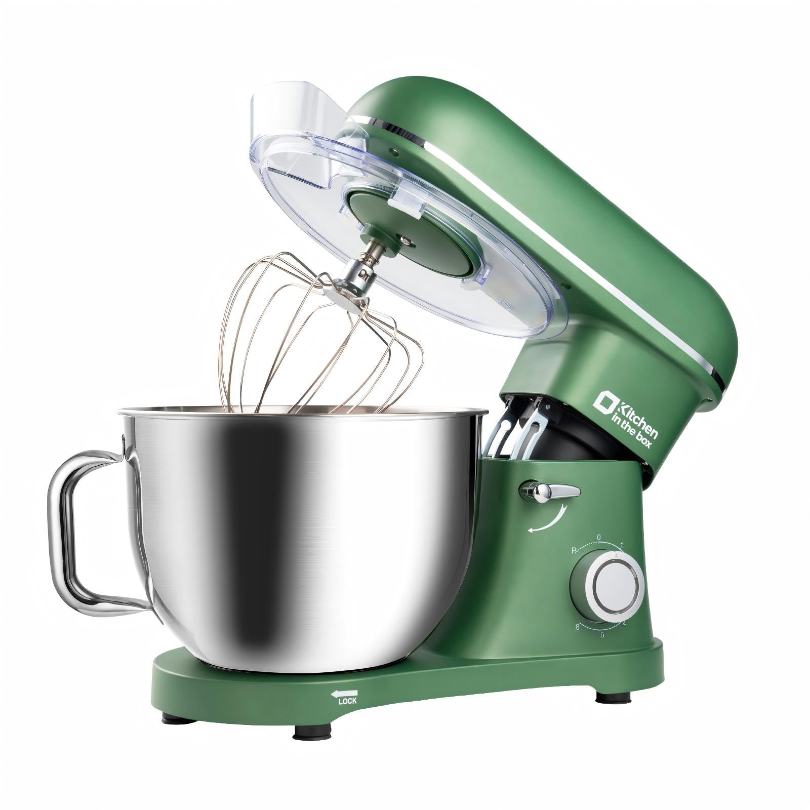 Green 8.5-quart electric stand mixer, 900W power, 6-speed, includes egg whisk, dough hook, and flat beater, KSM85