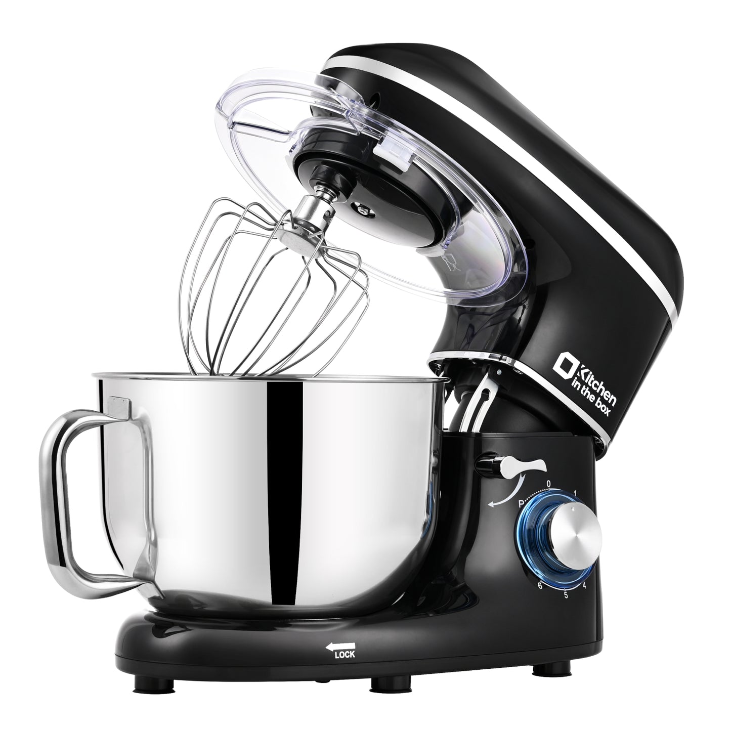 Black 6.5-quart 660W electric kitchen mixer, 6-speed tilt-head food mixer with dough hook, wire whip, and beater, dishwasher safe