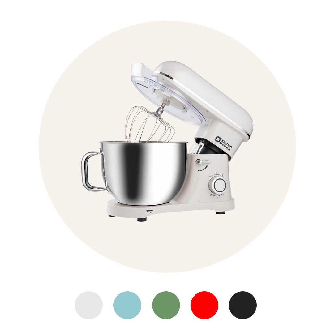 8.5-quart electric stand mixer, 900W power, 6-speed, includes egg whisk, dough hook, and flat beater, KSM85