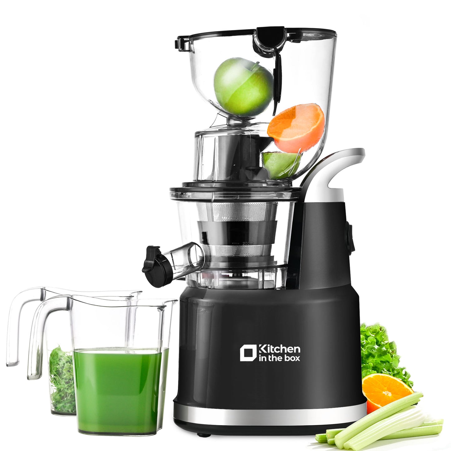 Black cold press juicer machine with 83 mm wide chute for whole fruits and vegetables, high efficiency, BPA-free design