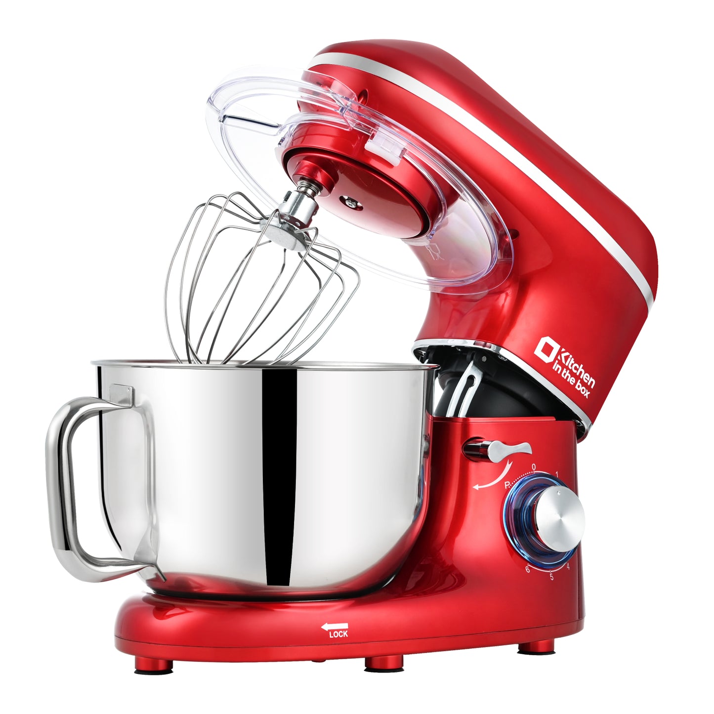 Red 6.5-quart 660W electric kitchen mixer, 6-speed tilt-head food mixer with dough hook, wire whip, and beater, dishwasher safe