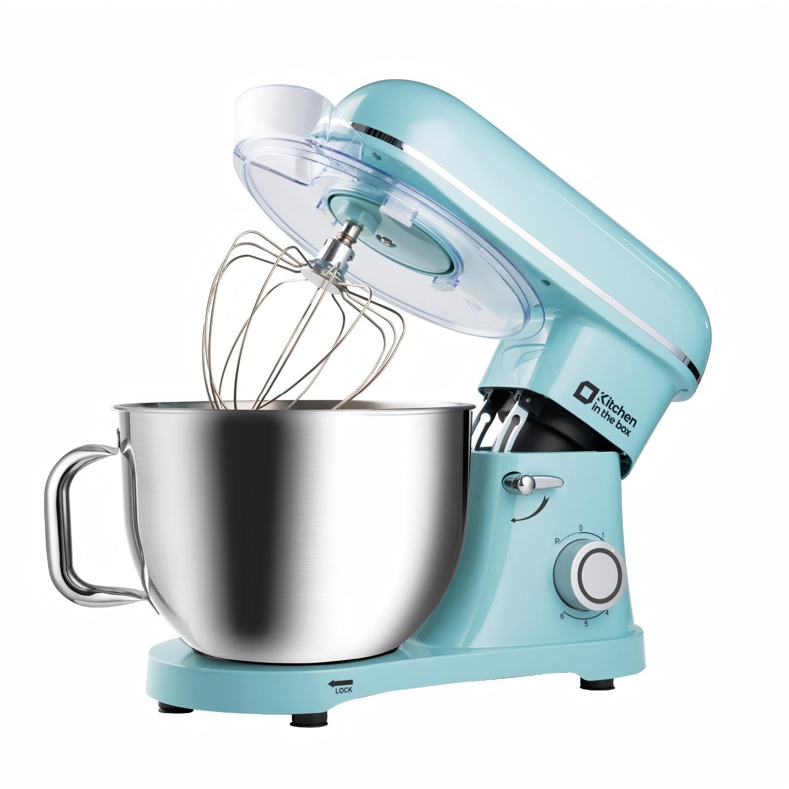 Blue 8.5-quart electric stand mixer, 900W power, 6-speed, includes egg whisk, dough hook, and flat beater, KSM85