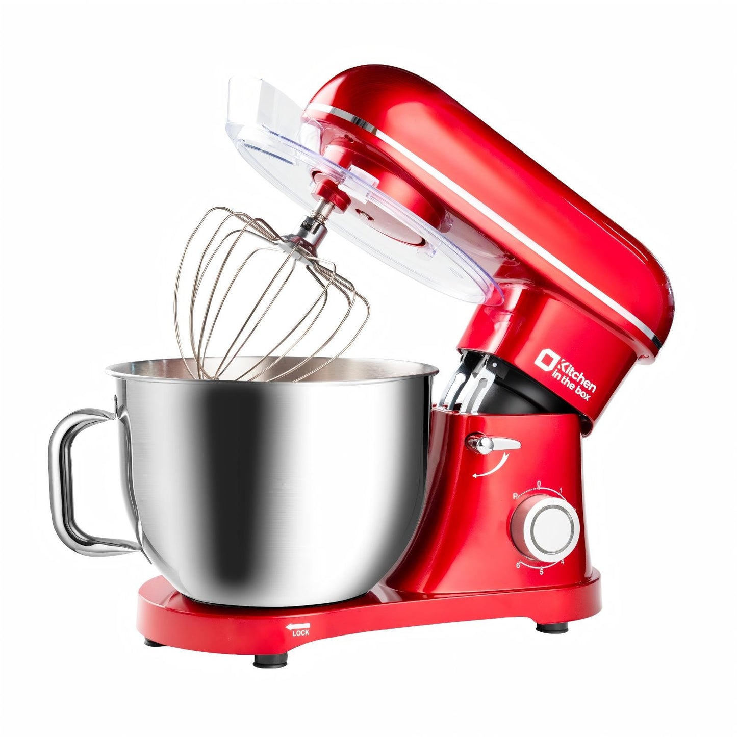 Red 8.5-quart electric stand mixer, 900W power, 6-speed, includes egg whisk, dough hook, and flat beater, KSM85