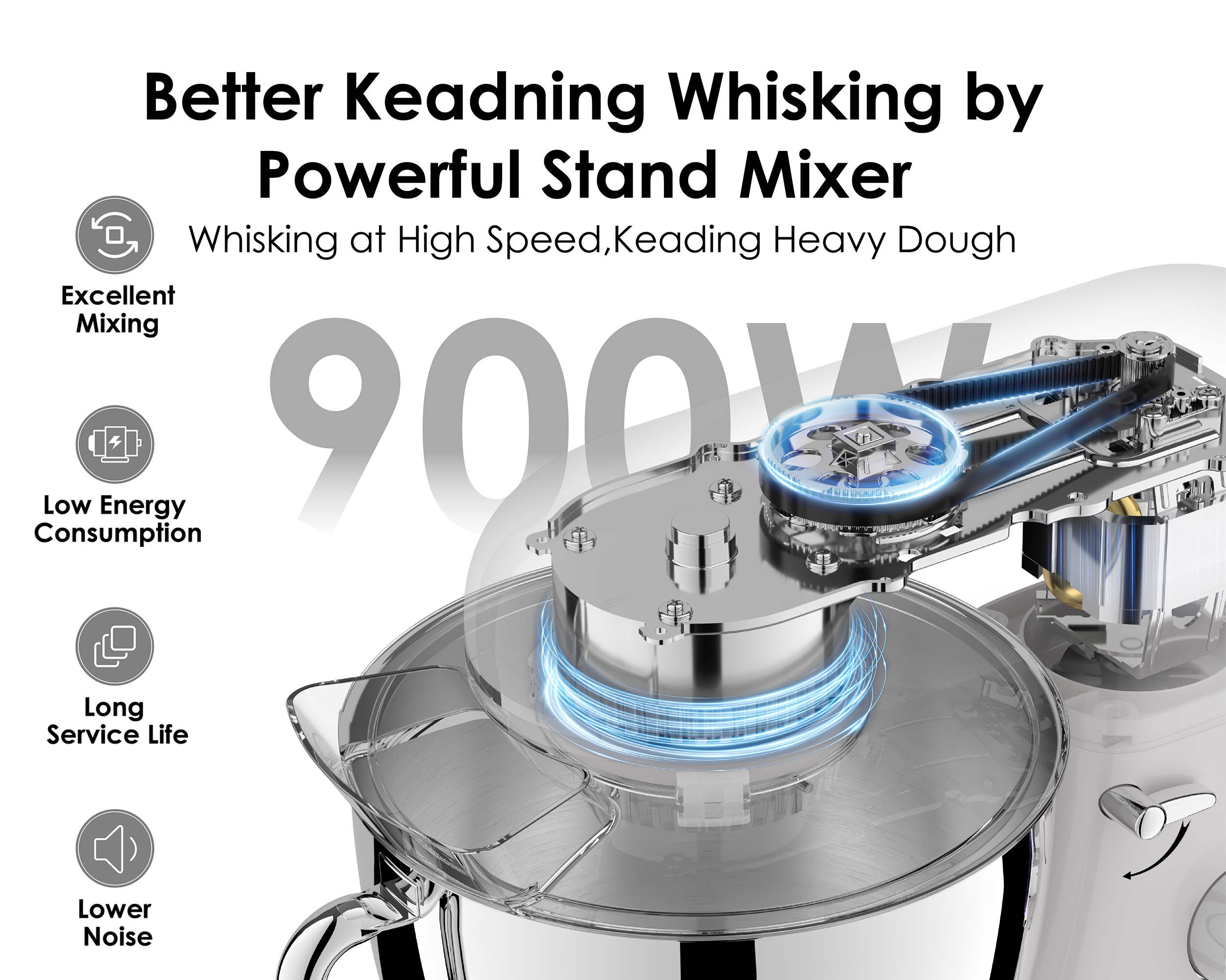 8.5QT Electric Stand Mixer, 900W Power, 6-Speed, Includes Egg Whisk, Dough Hook & Flat Beater, KSM85