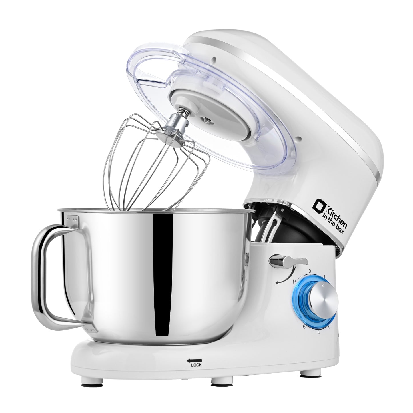 White 6.5-quart 660W electric kitchen mixer, 6-speed tilt-head food mixer with dough hook, wire whip, and beater, dishwasher safe