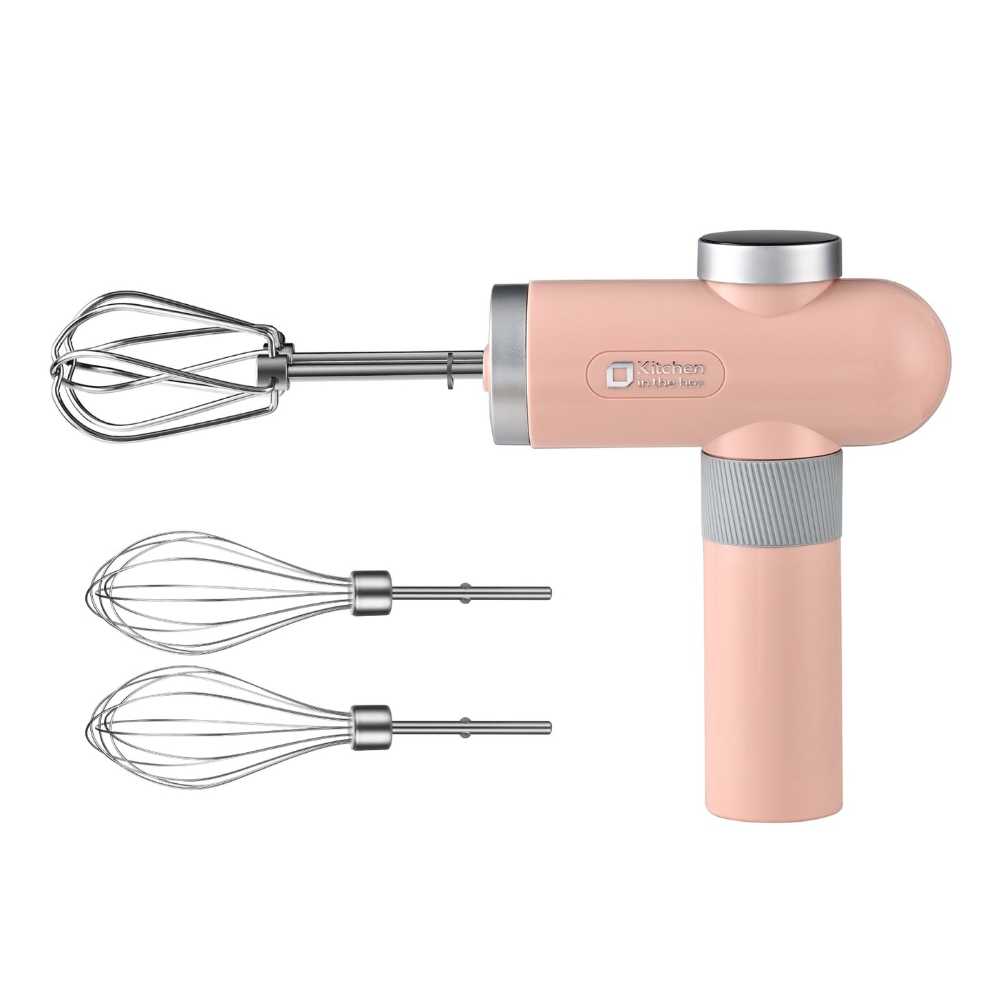 Pink cordless hand held mixer, 6-speed with USB-C charging, includes whisks and beaters, knob adjust and digital display