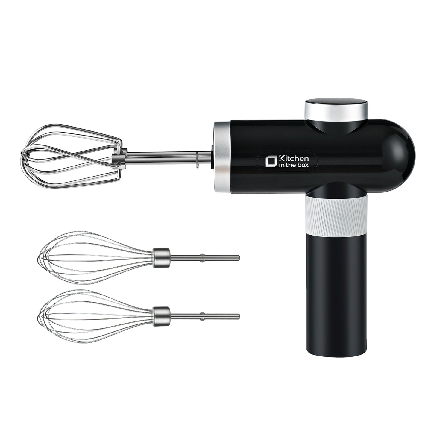 Black cordless hand held mixer, 6-speed with USB-C charging, includes whisks and beaters, knob adjust and digital display