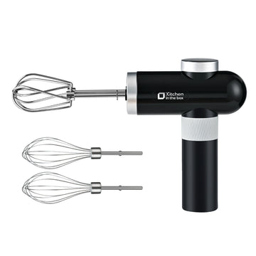 Black cordless hand held mixer, 6-speed with USB-C charging, includes whisks and beaters, knob adjust and digital display